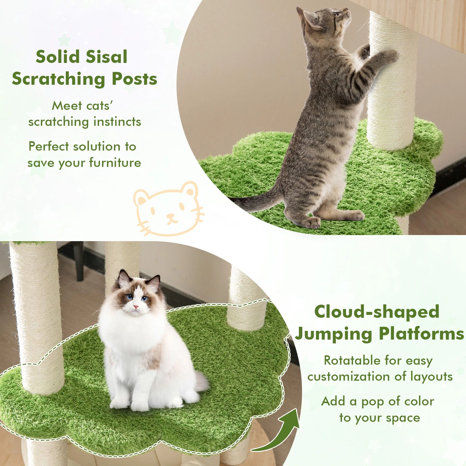 SlickBlue 55" Green Beige Cat Tree with Condo Hammock Scratching Posts
