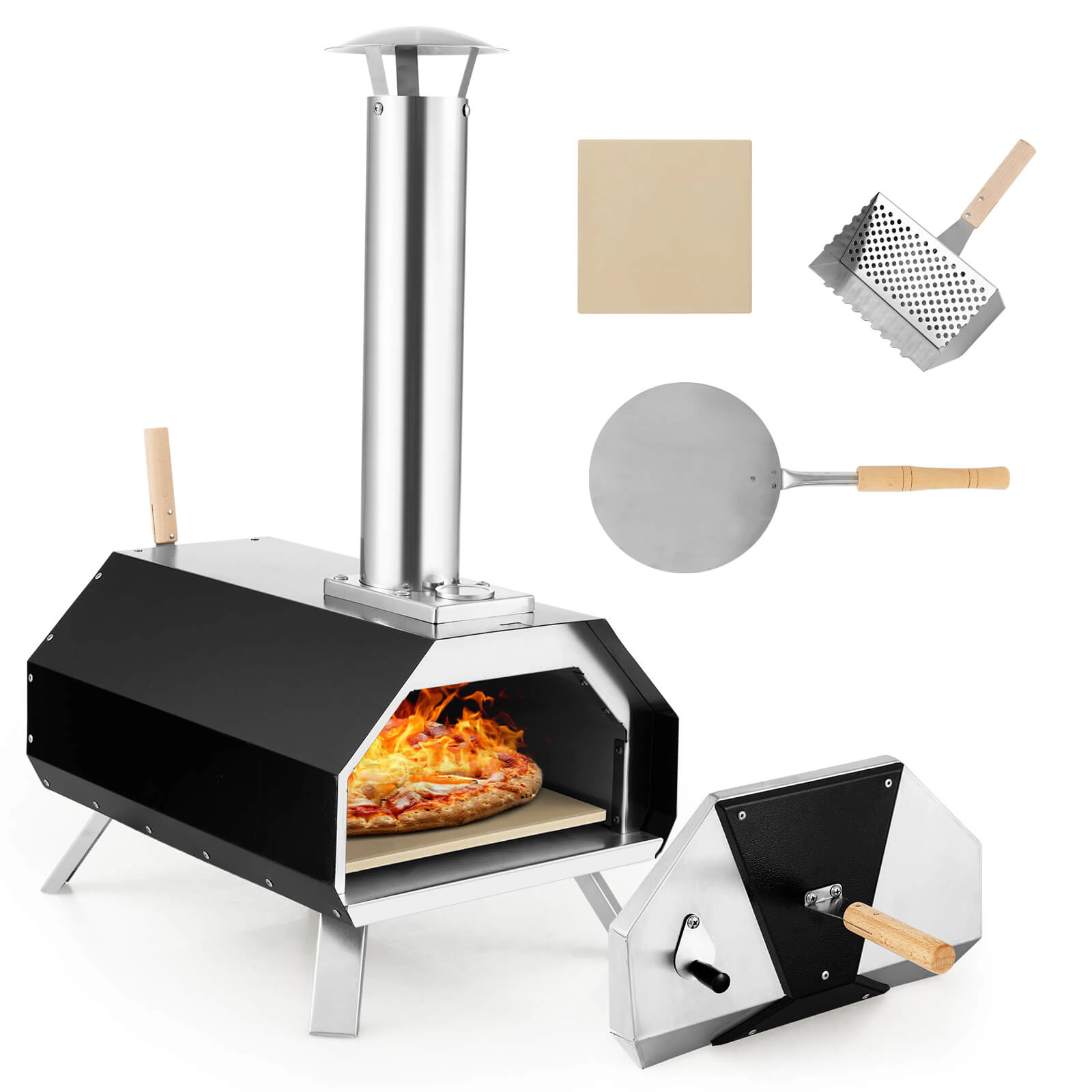 SUGIFT Black Outdoor Pizza Oven with 3-Layer Insulation 12-in Pizza Stone Thermometer and Foldable Legs