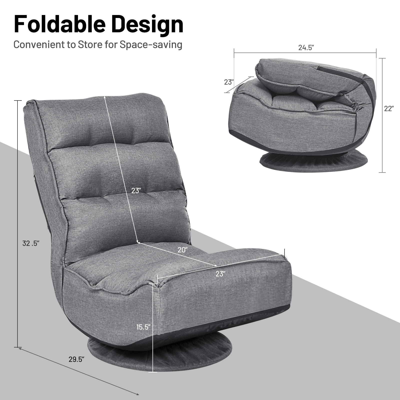 SUGIFT 5-Position Folding Floor Gaming Chair with 360-Degree Swivel Base 300-Lb Capacity Gray