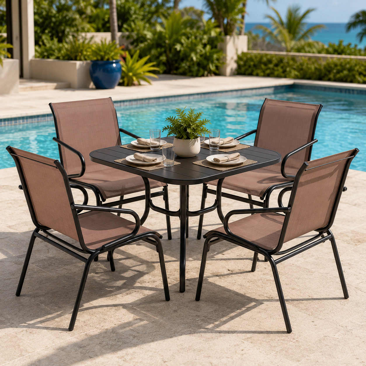 SUGIFT Coffee Breathable Fabric Metal Frame and Curved Armrests Set of 4 Patio Dining Chairs