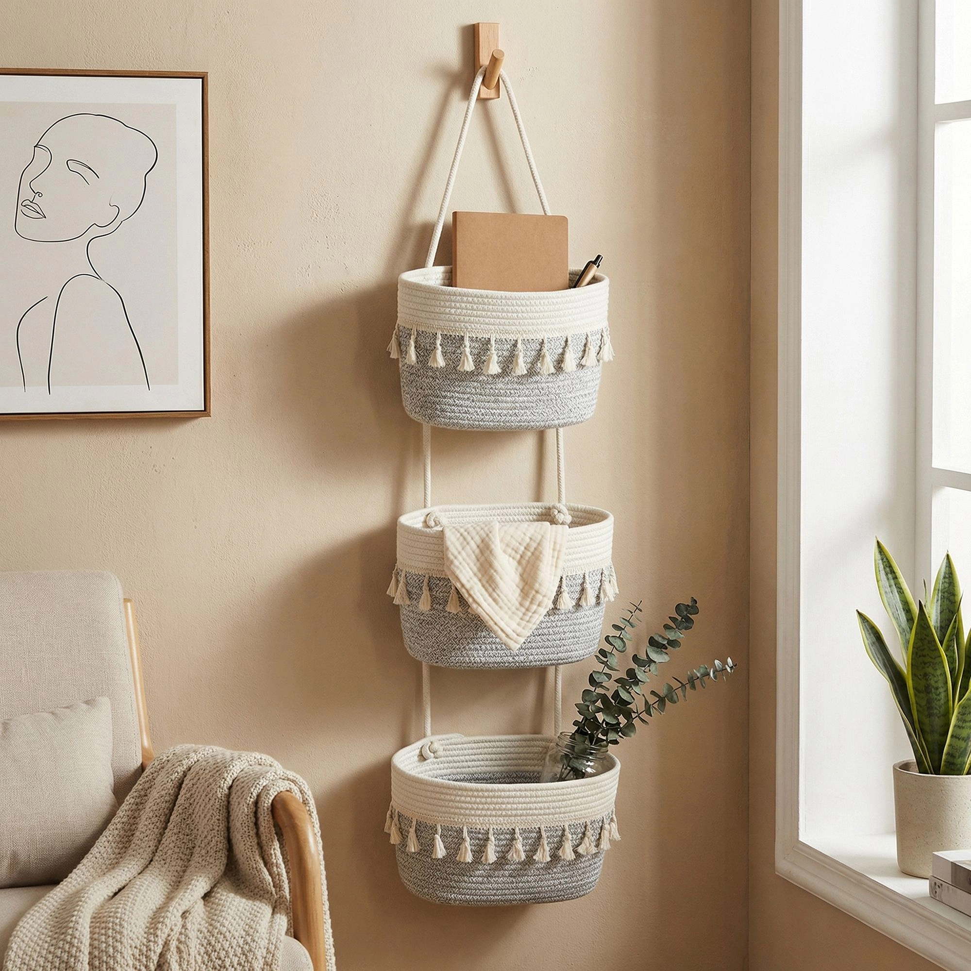 Alilang Unisex 3 Tier Hanging Storage Basket Cotton Rope Wall Organizer Tassel Decorative