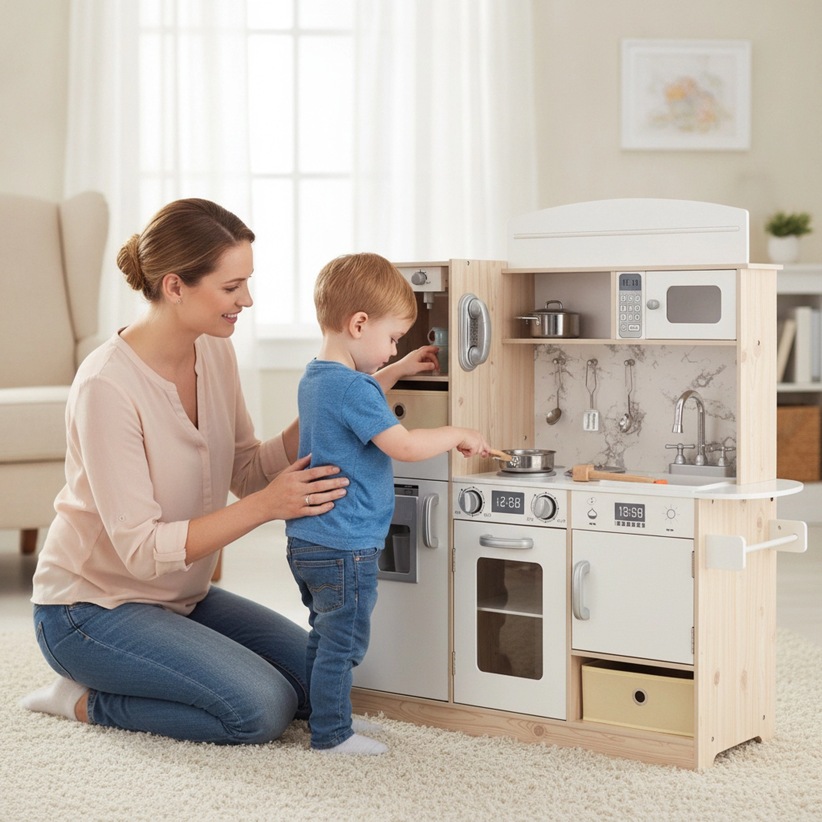 Kids Kitchen Playset Remote LED Lights Toy Coffee Maker Ice Maker Fabric Bins 35.5-in x 11.5-in x 35.5-in White