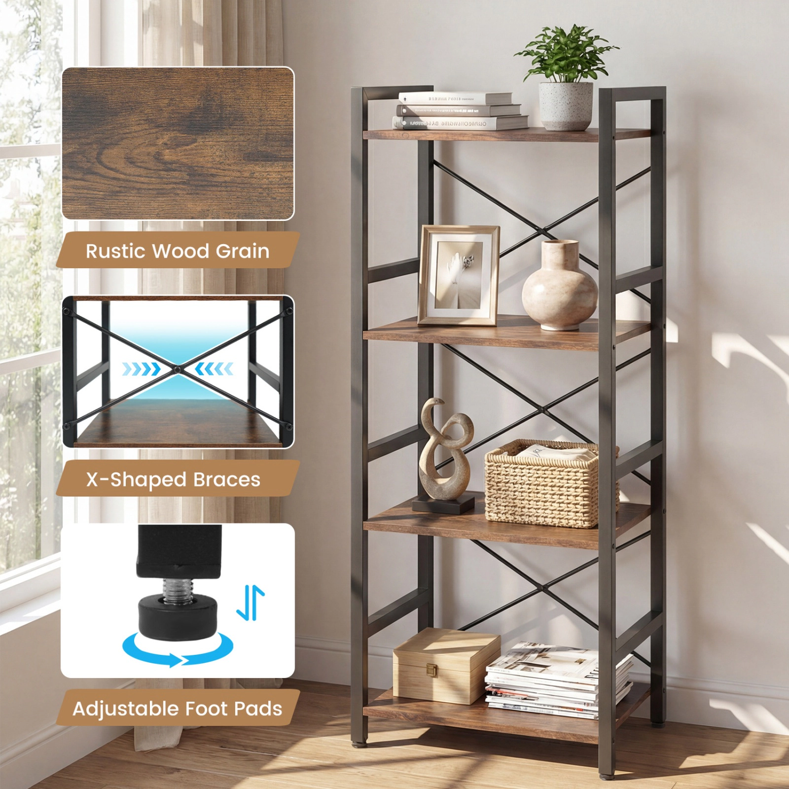 SUGIFT Rustic Brown 4-Tier Narrow Bookshelf 40 in with X-Braced Metal Frame