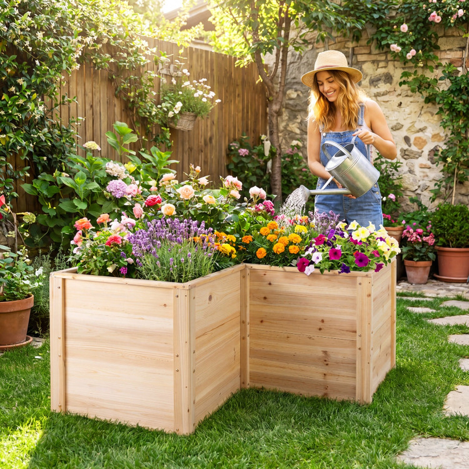 SUGIFT 47.5-in L-Shaped 24-in Deep Fir Wood Raised Garden Bed with Open-Ended Base for Long-Root Plants