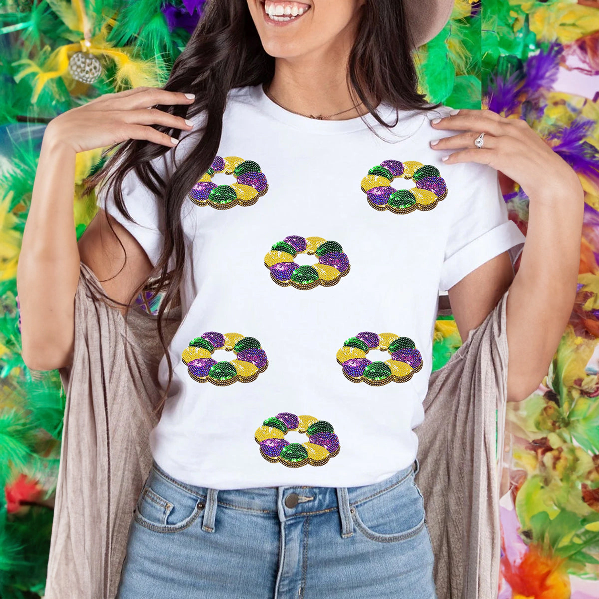 Sol Living Womens Sequined Mardi Gras Pattern Crew Neck Short Sleeve Top