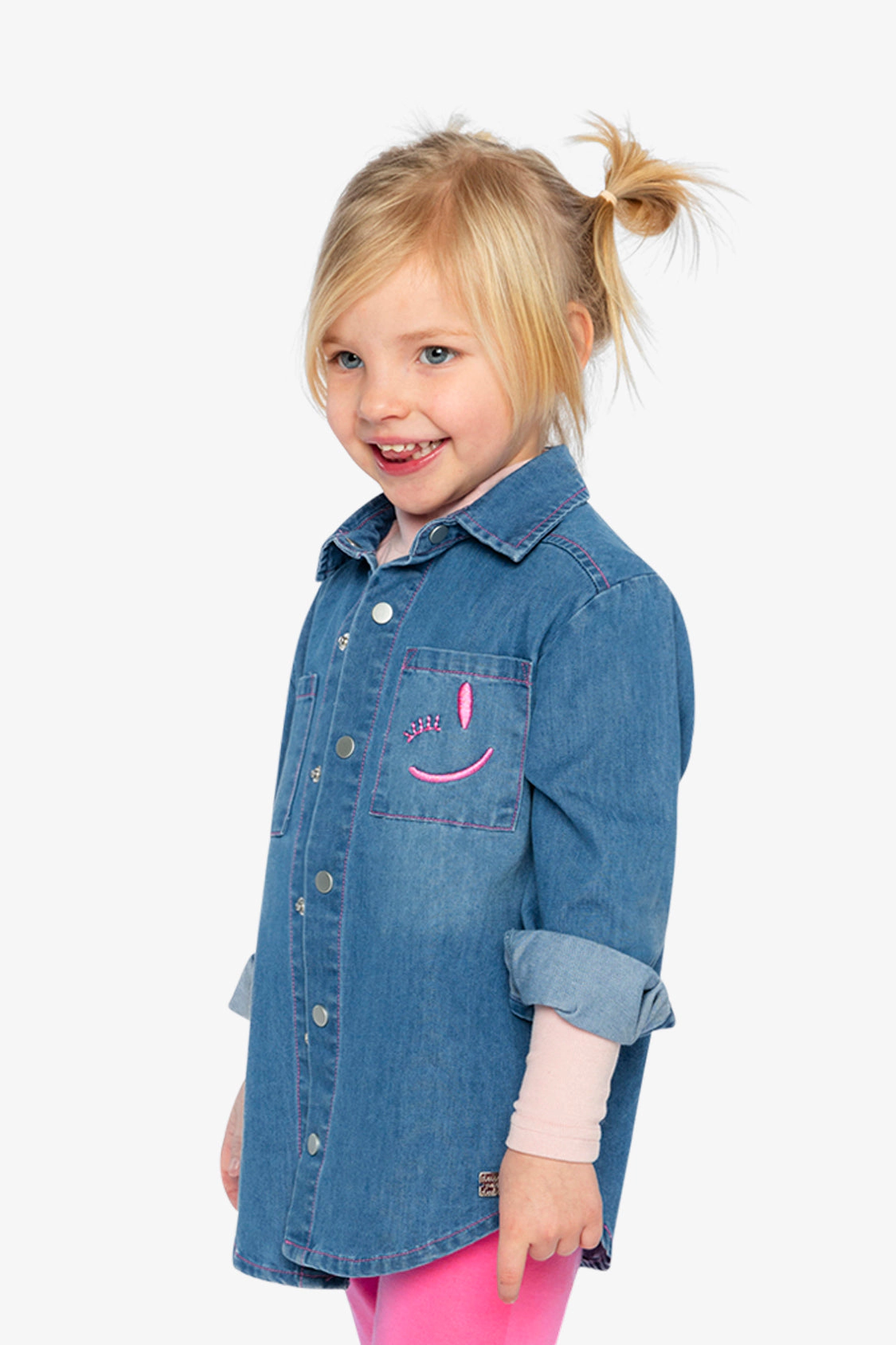 Deux par Girls Smiley Graphic Snap-Front Denim Shirt
