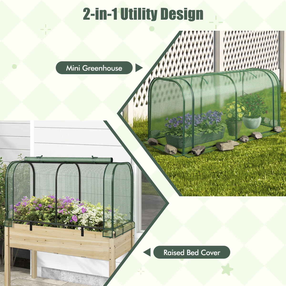 SUGIFT Mini Tunnel Greenhouse Roll-Up Zipper Door PE Cover Metal Frame Ground Stakes 47 x 22 x 24-in Green/White
