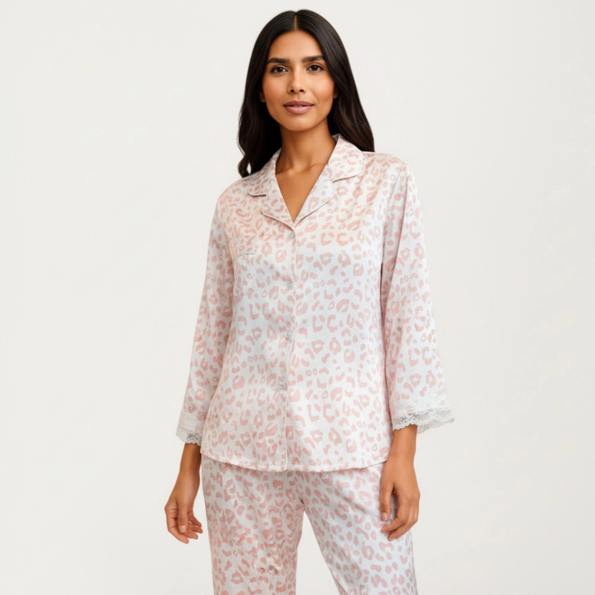 Anna-Kaci Women's 2-Piece Leopard Print Button Front Pajama Top with Lace Trim Sleeves and Matching Relaxed Fit Pants