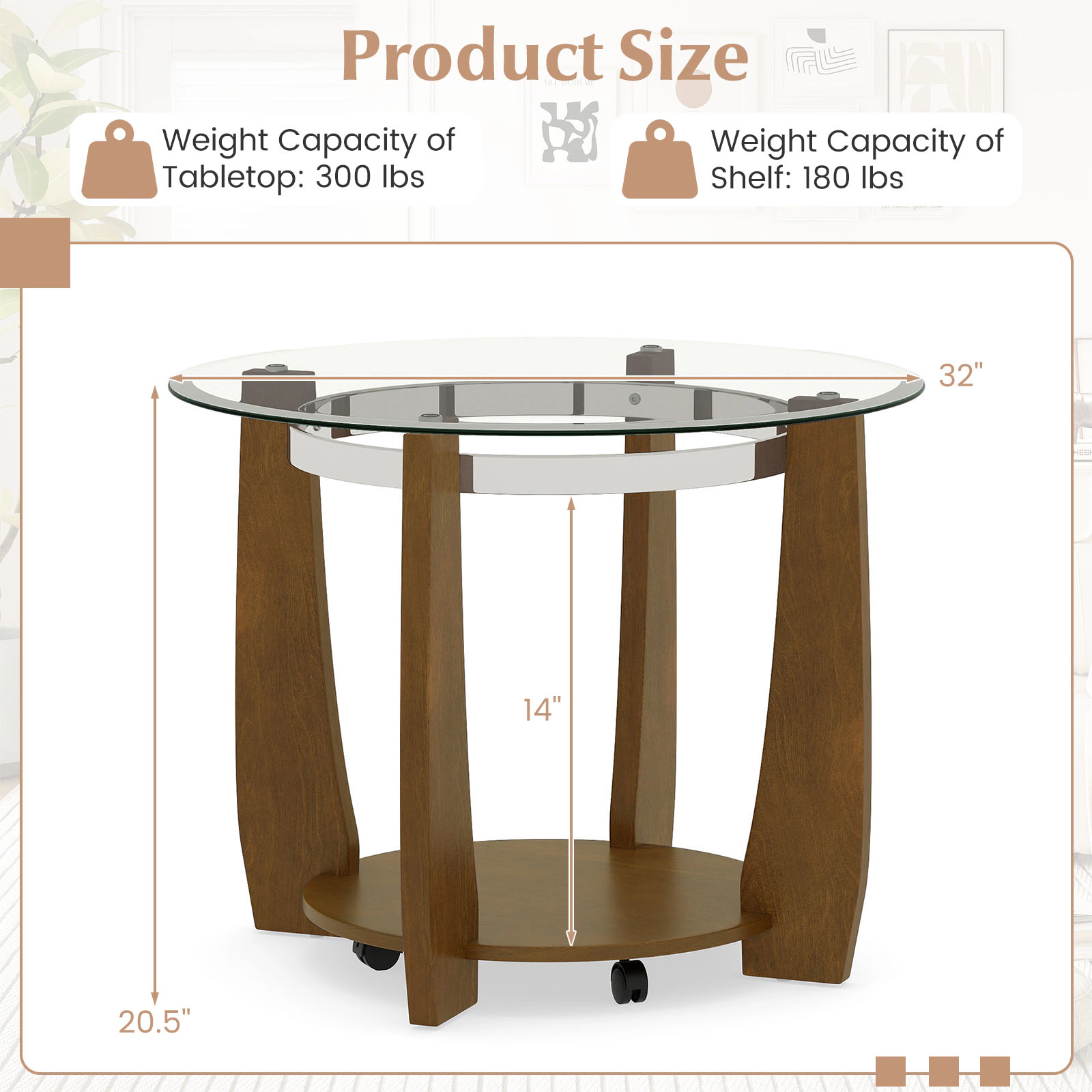 SUGIFT 2-Tier Round Coffee Table with Storage Shelf 300-lb Tabletop Capacity 180-lb Shelf Capacity Transparent & Walnut