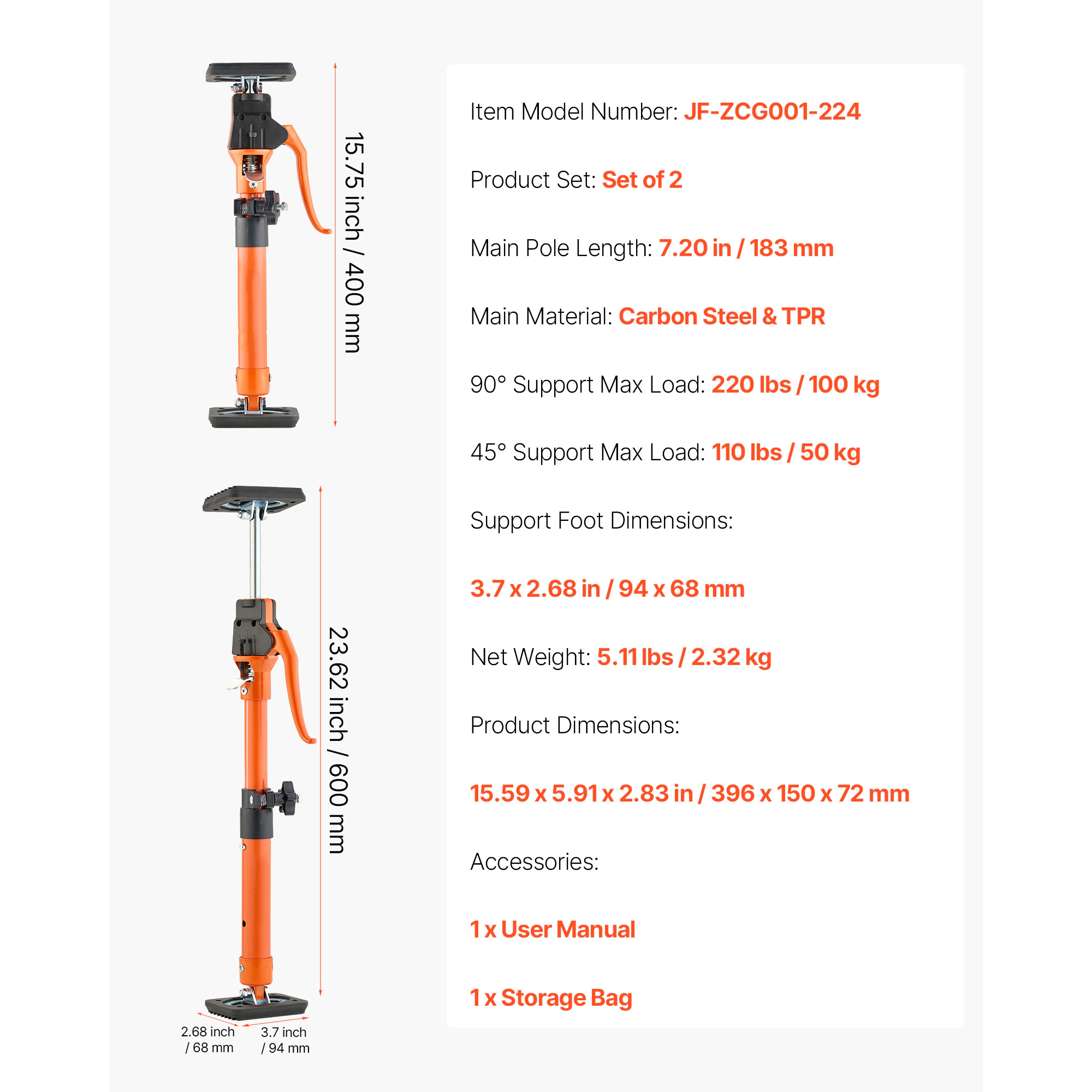 HONGGE Cabinet Jack Support Pole Steel Telescopic Quick Support Rod Adjustable 3rd Hand System for Installing Cabinets