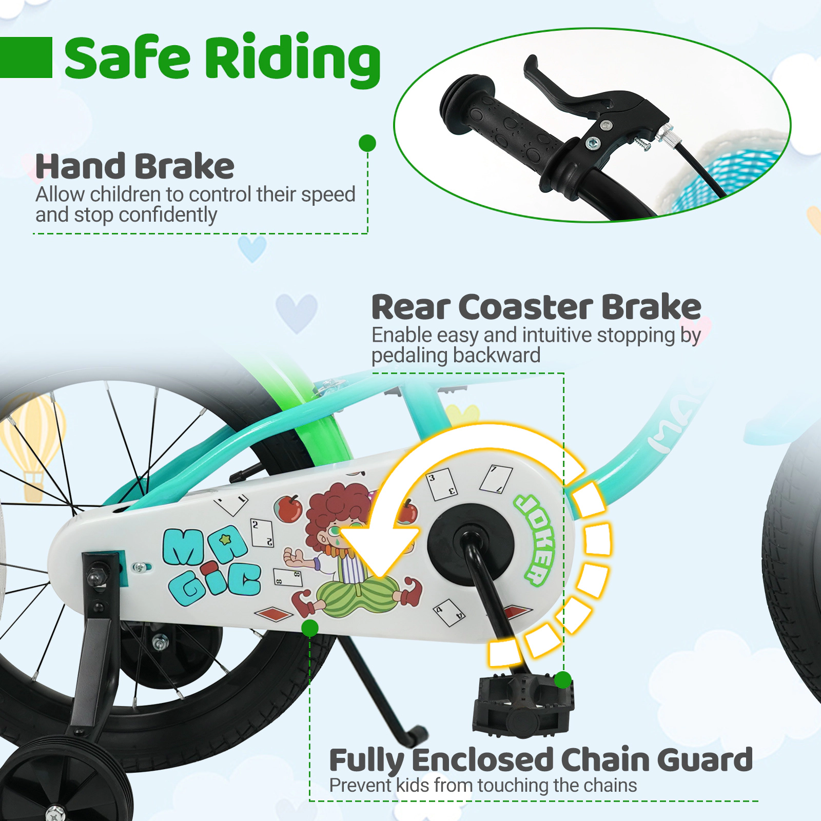 18-in Kids Bike Green Training Wheels Front Basket Bell Ages 4-8 Bicycle Adjustable Saddle Mudguards 132-lb Capacity