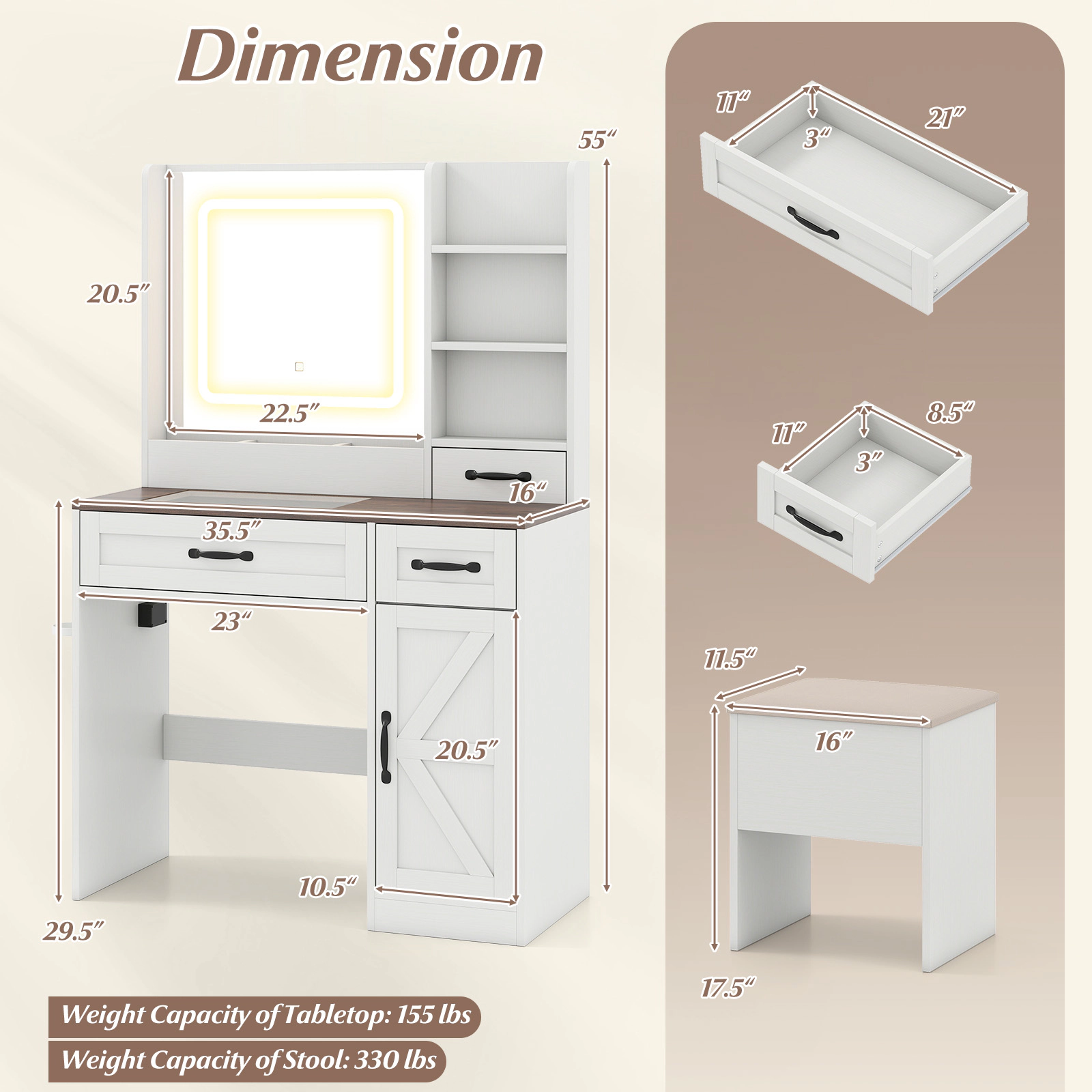SUGIFT Vanity Desk Lighted Mirror & Charging Station Makeup Dressing Table 155-lb Tabletop Capacity with 330-lb Stool