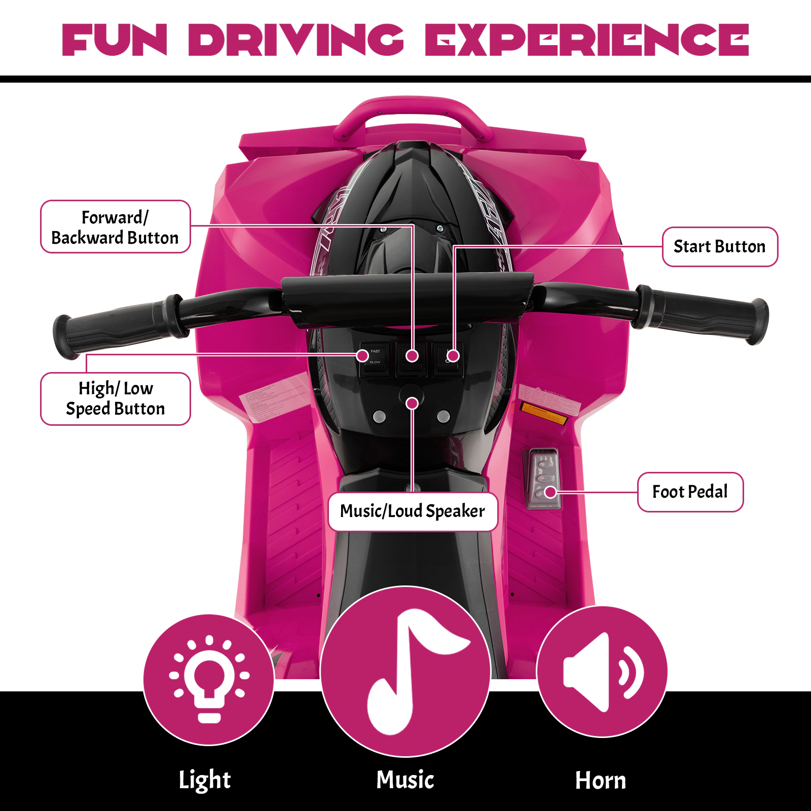 SUGIFT 12V Kids Ride On ATV Pink 4-Wheeler with High Low Speed and Padded Seat