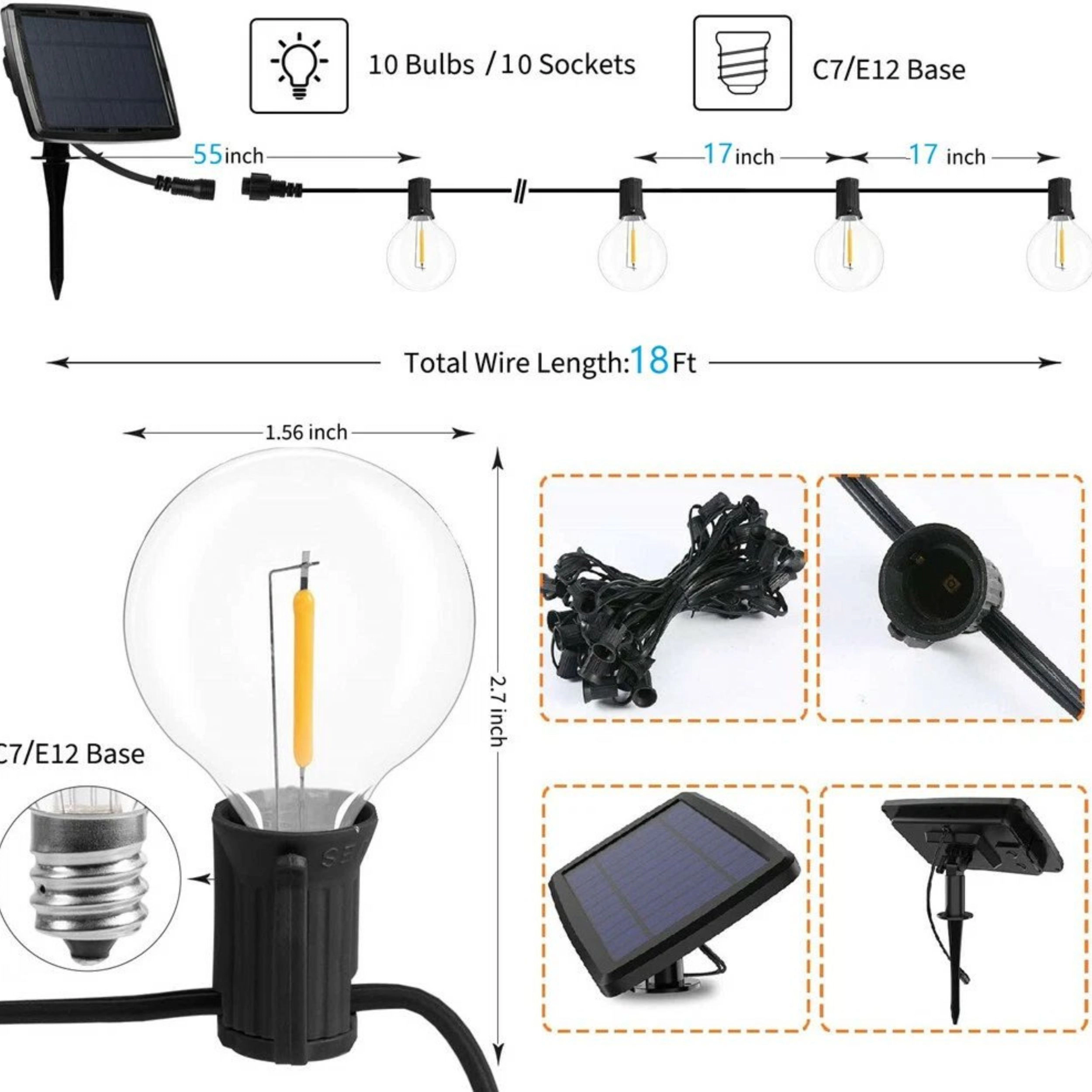 Home Collection G40 18 Ft Solar LED Globe String Lights with 10 Bulbs