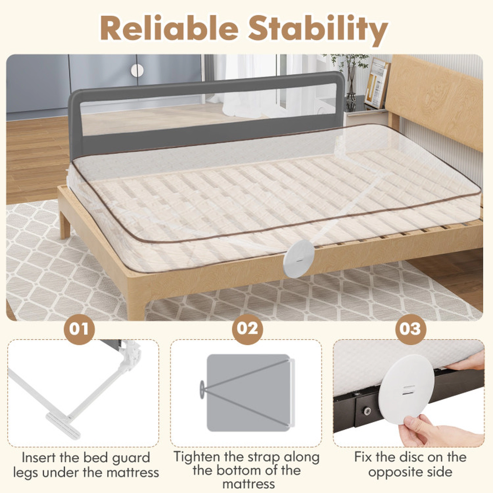 SUGIFT 71-in Extra Long Swing Down Bed Guardrail with Safety Straps Steel Frame Gray