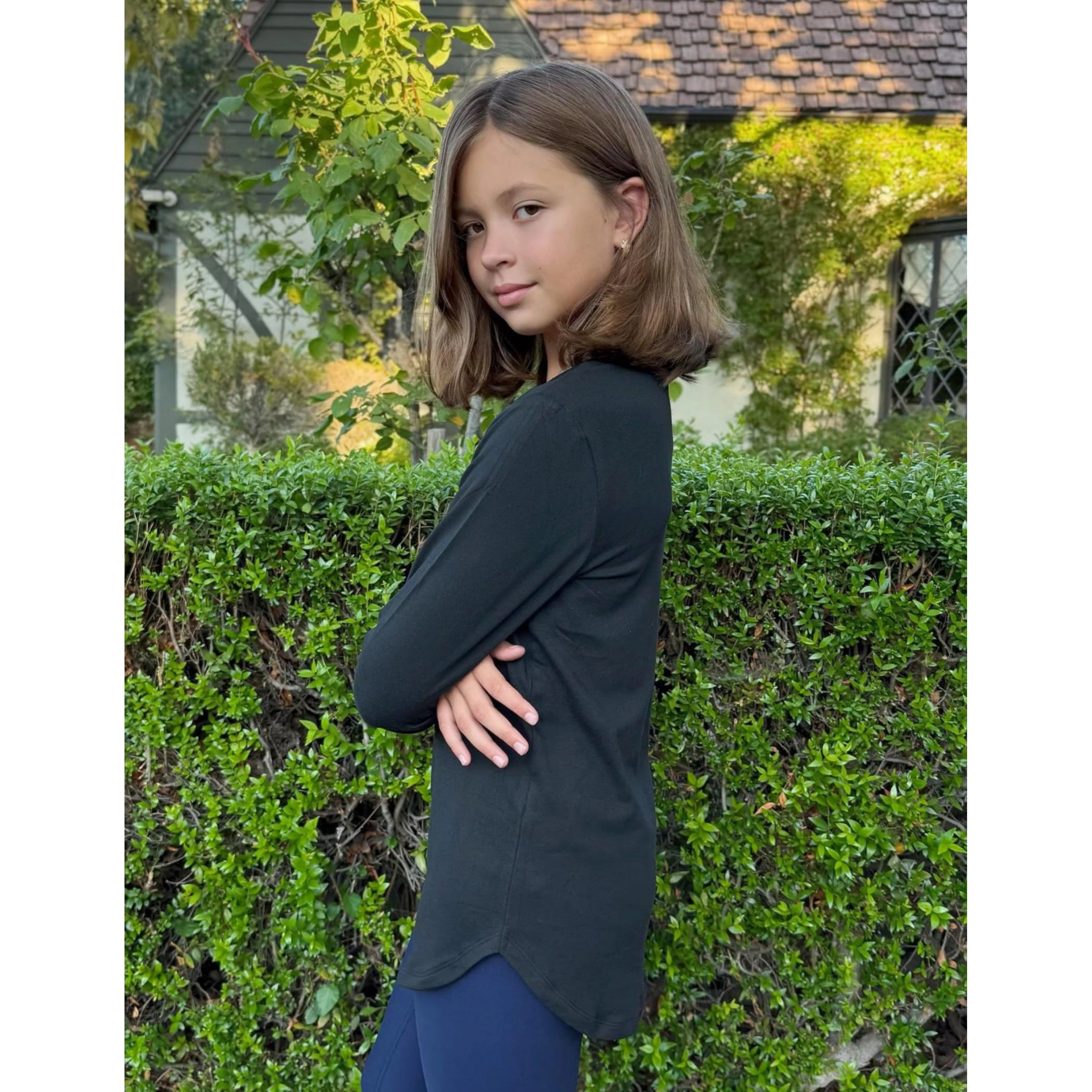 Arshiner Girls Loose Long Sleeve Tops Round Neck Curve Hem Side Slit