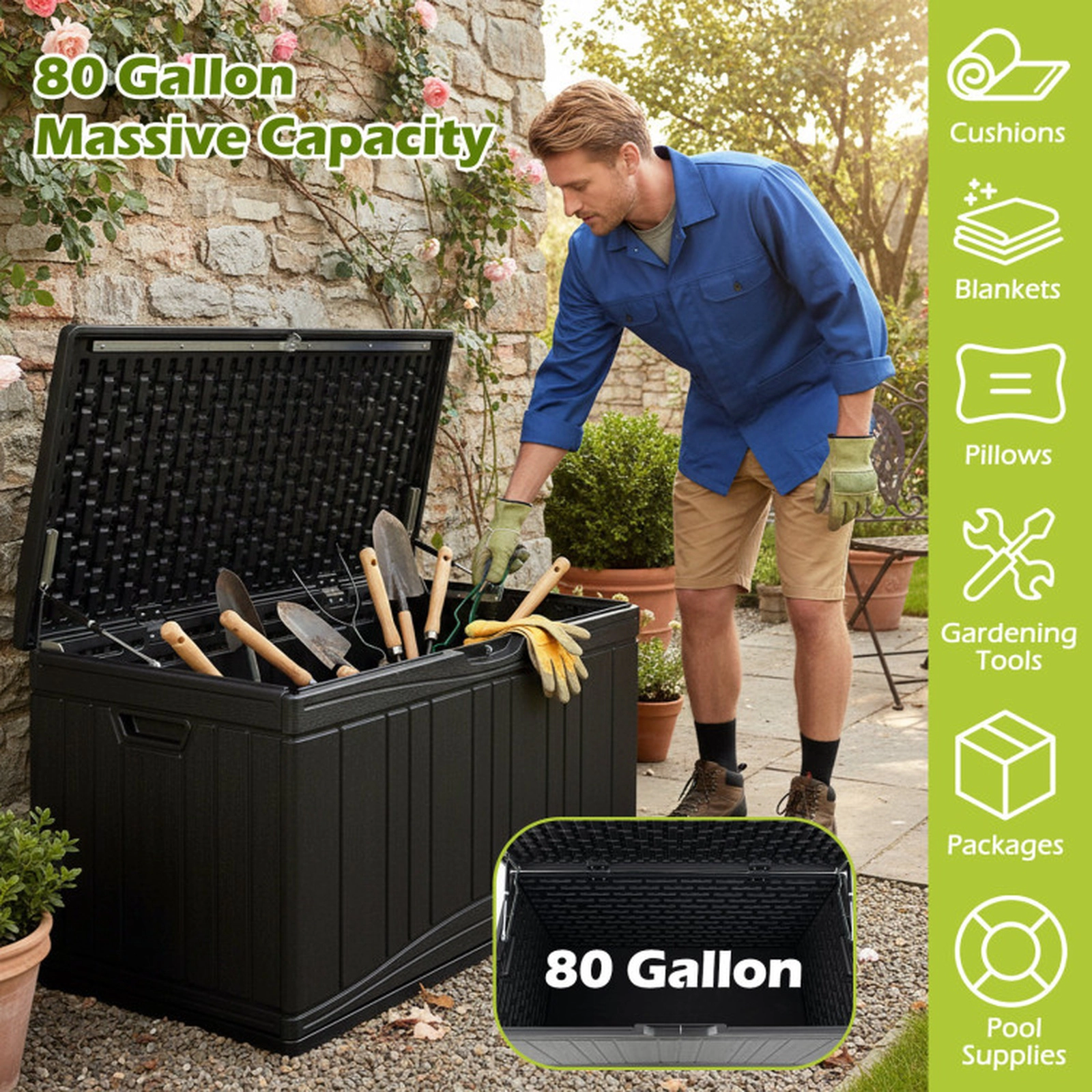 SUGIFT 80-Gallon Honeycomb Structure Lockable HDPE Outdoor Deck Storage Box 45-in x 22-in x 24-in 330-lb Black