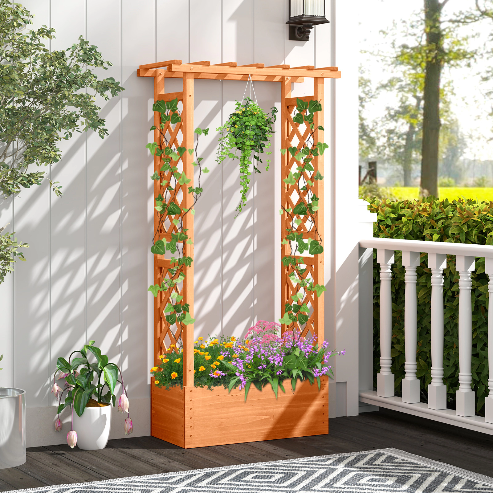 SUGIFT Orange Tall Wood Raised Garden Bed with Side Trellis and Hanging Roof 31-in W 14-in D 60-in H