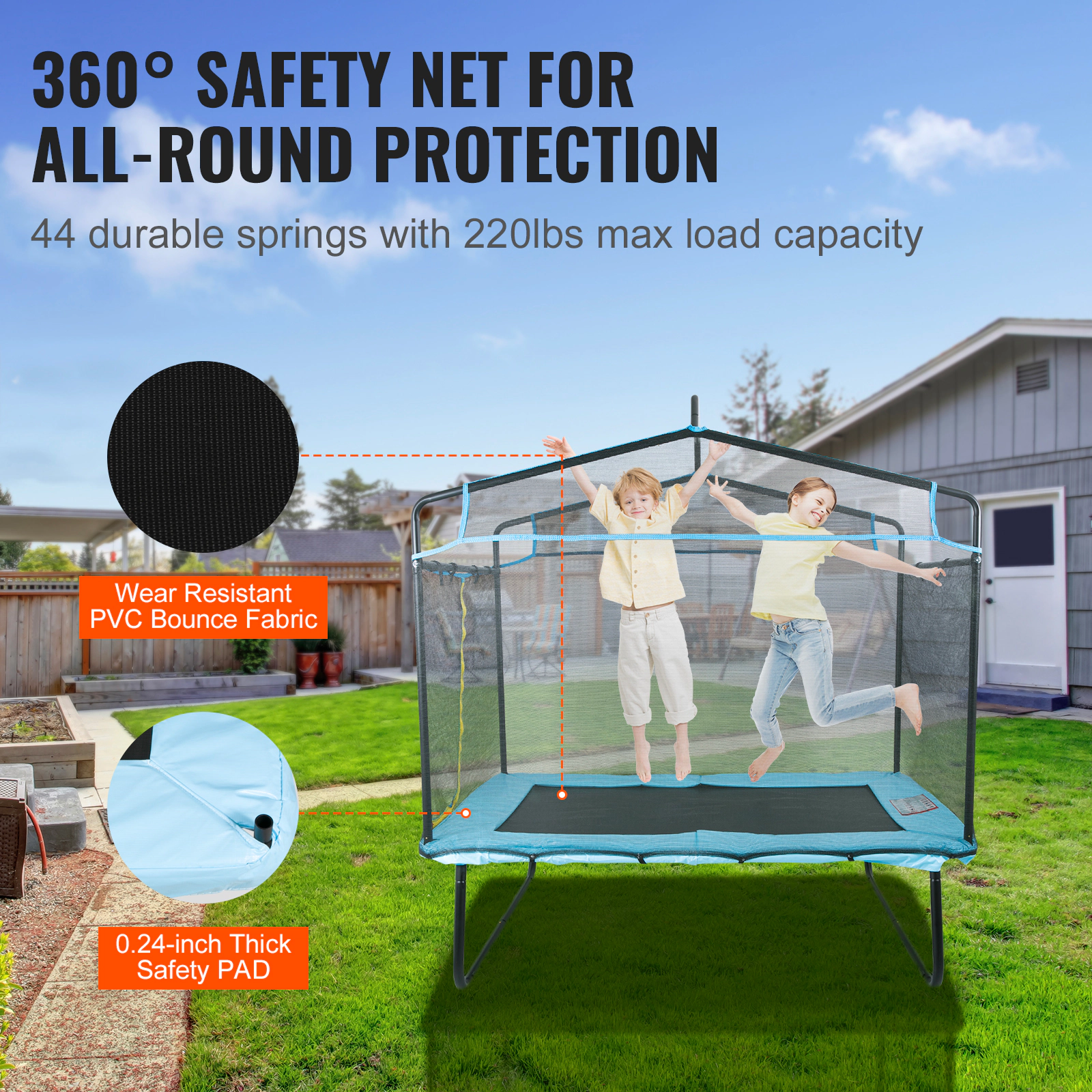 HONGGE 6FT Kids Trampoline with Safety Enclosure Net, Gymnastics Bar & Hammock, 220 lbs Capacity