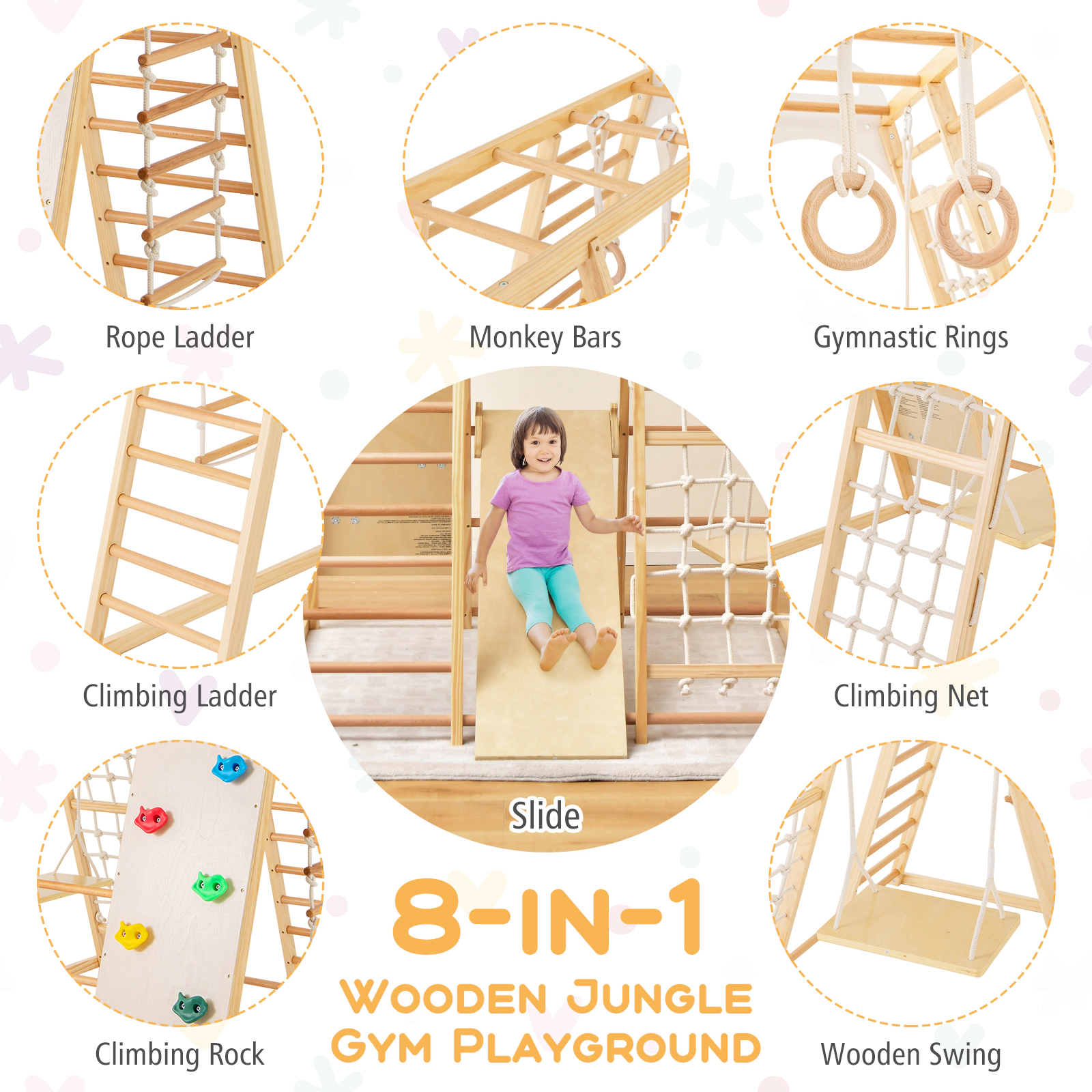 SUGIFT 8-in-1 Wooden Jungle Gym Climber Playset Slide & Monkey Bars 530-lb Capacity Ages 1 Years+ Multicolor/Natural