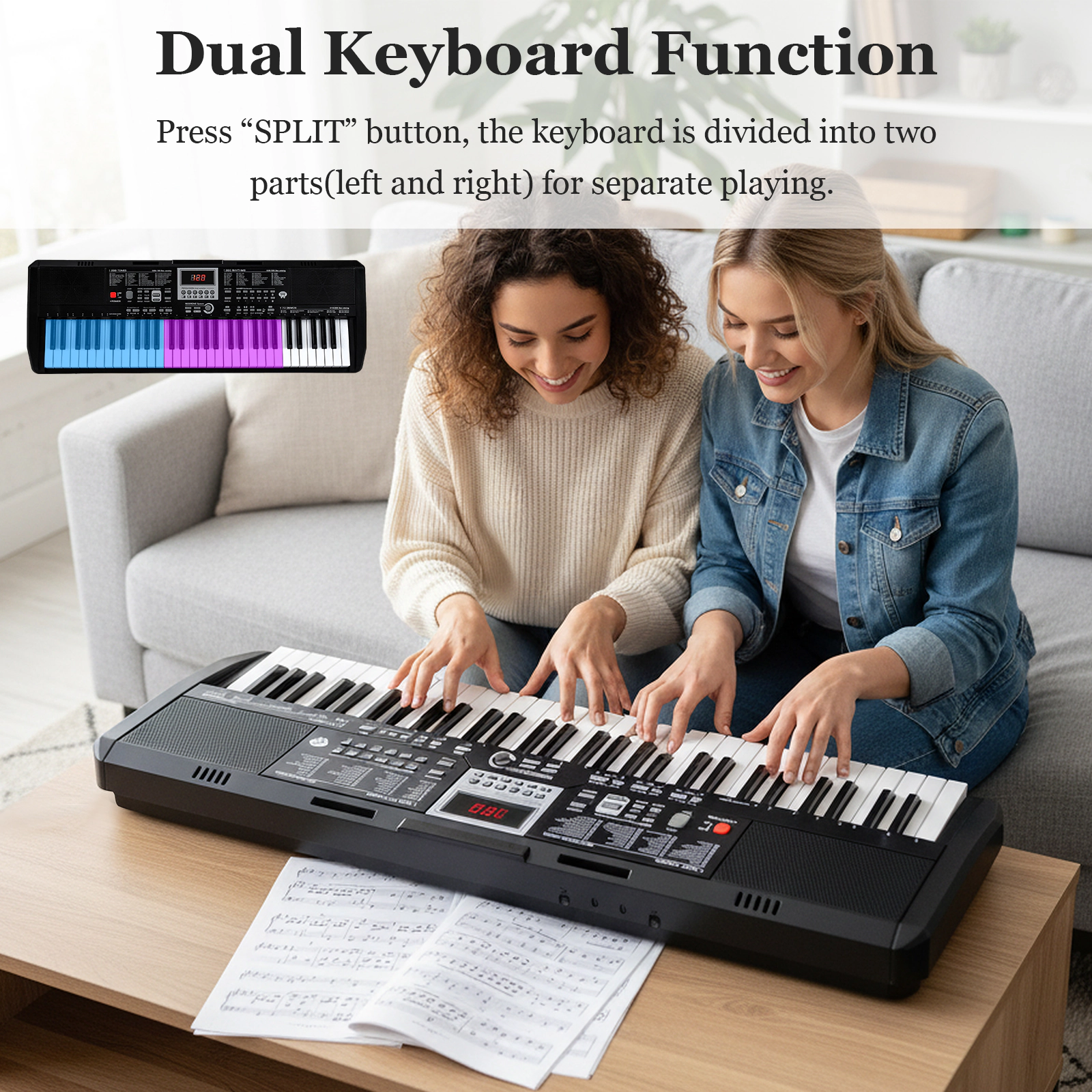 SUGIFT 61-Key Beginners Electric Piano Keyboard Kit with Adjustable Stand and Stool Black
