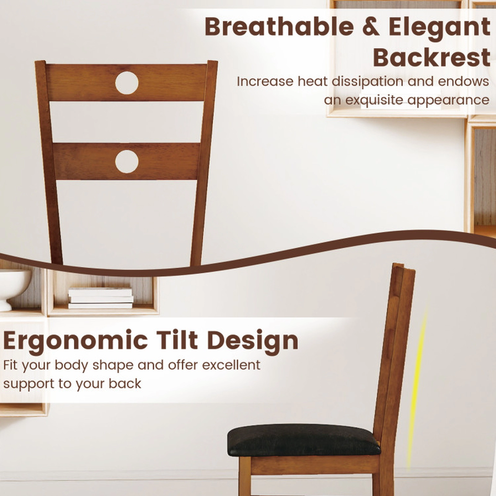 SUGIFT Wooden Armless Dining Chairs with Hollowed Backrest 330-Lb Capacity Brown Seat Walnut Frame Set of 4