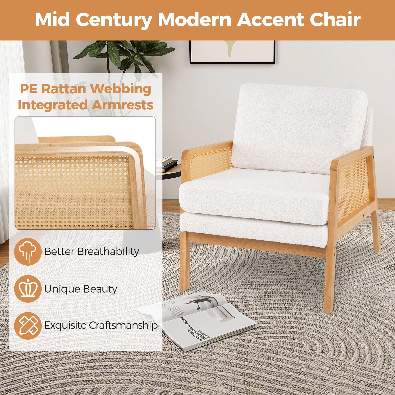 SlickBlue Mid-Century Accent Chair with Rattan Arms & Soft Cushion