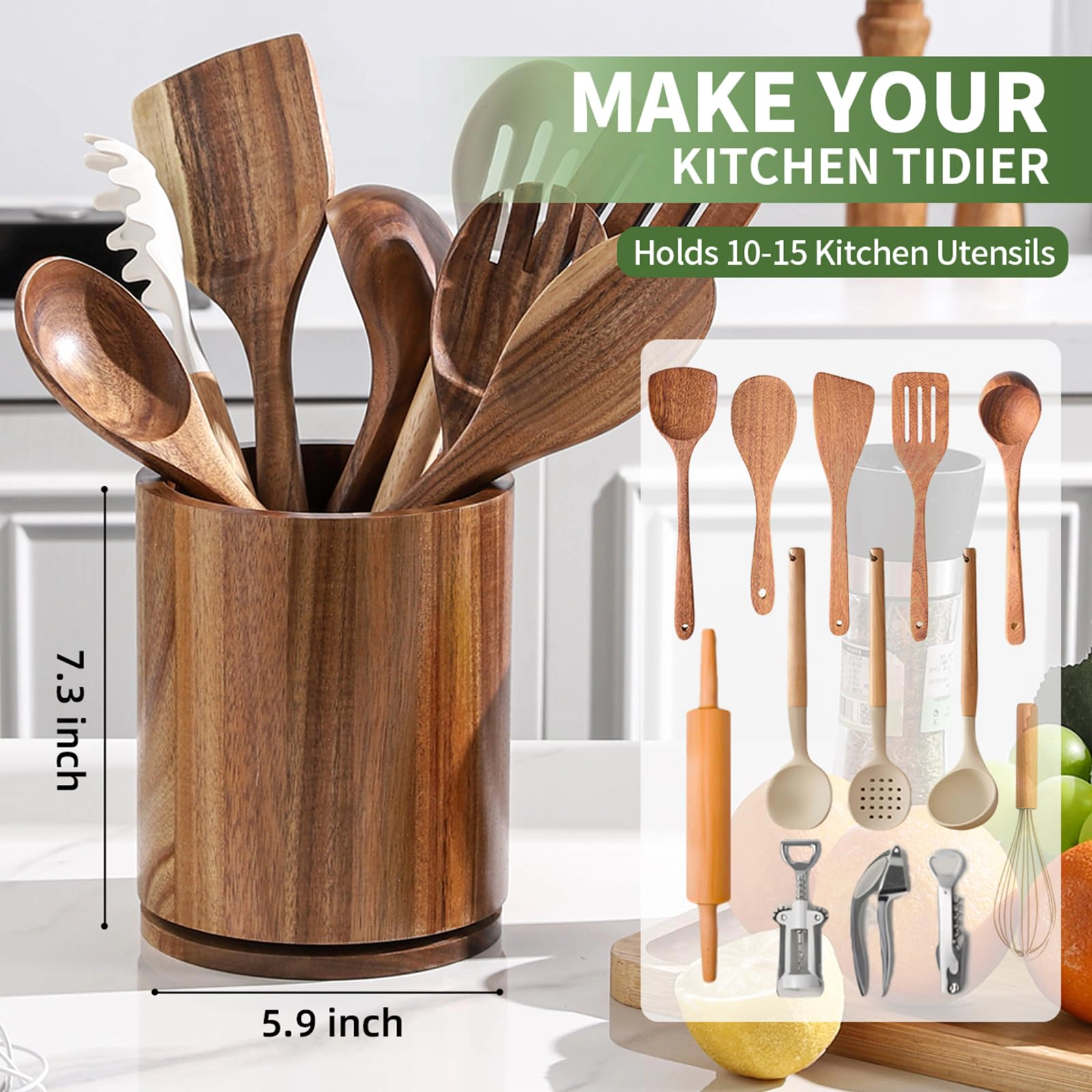 WZK Rustic Farmhouse Wood Rotating Kitchen Utensil Holder