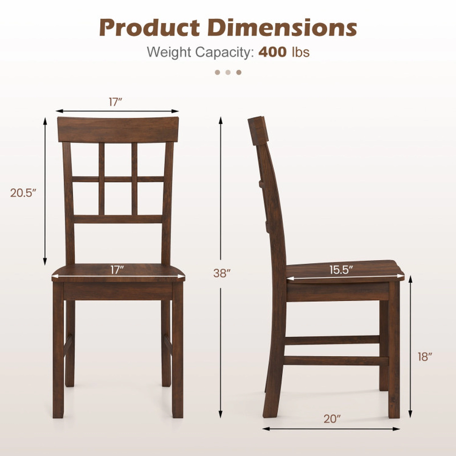 SUGIFT Set of 2 Dark Brown Solid Rubber Wood Lattice Back Dining Chairs