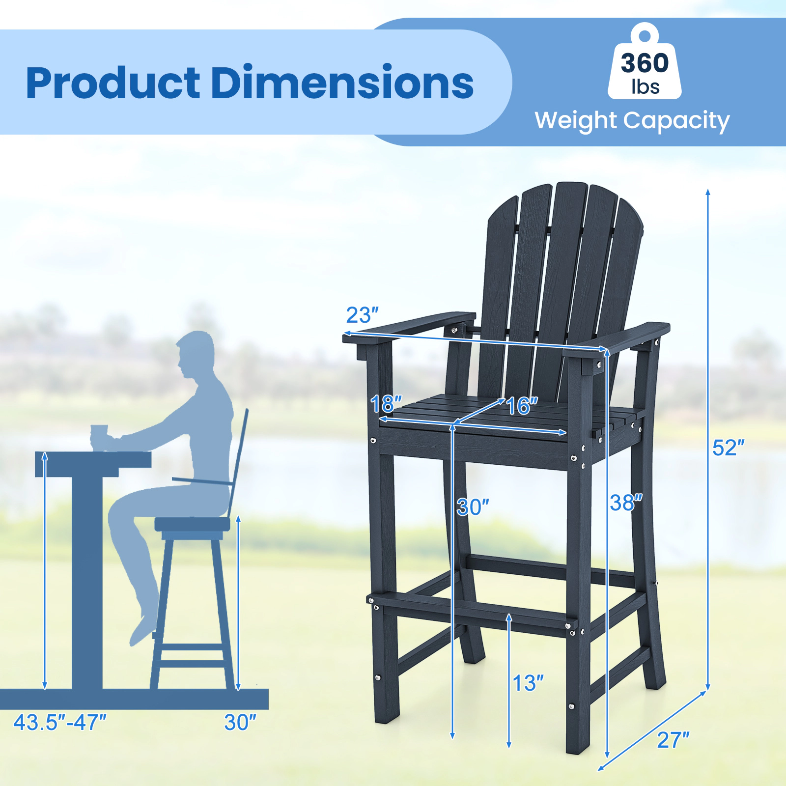 SUGIFT Set of 2 Outdoor HDPE Counter Height Bar Stool Chairs Armrests & Footrest 360-lb Capacity 52-in Tall Navy Bar Set