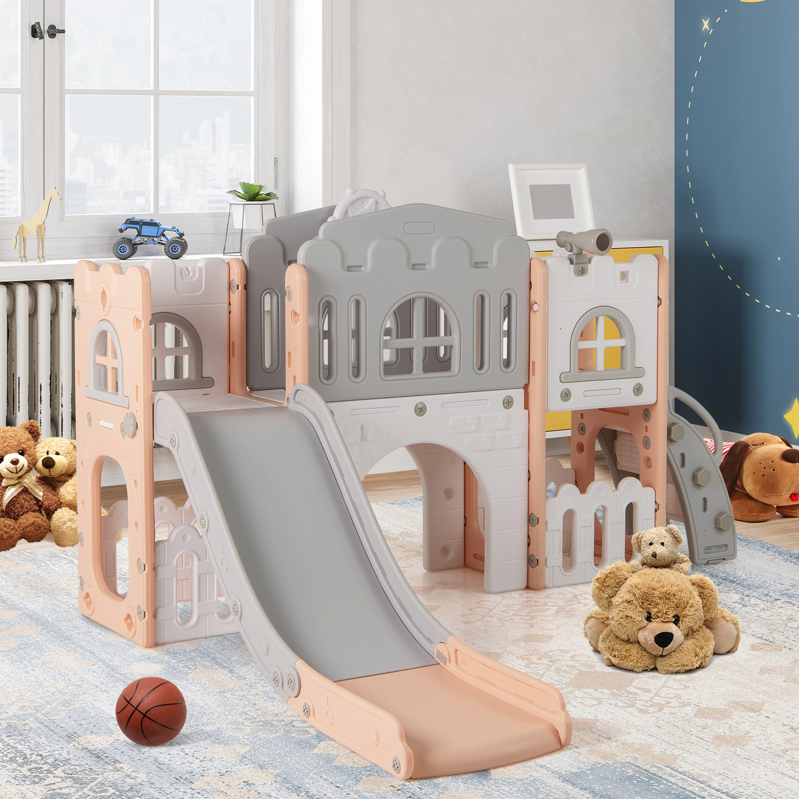 SUGIFT Pink Tunnel Climber and Basketball All-in-1 Toddler Slide Playset Indoor Playground