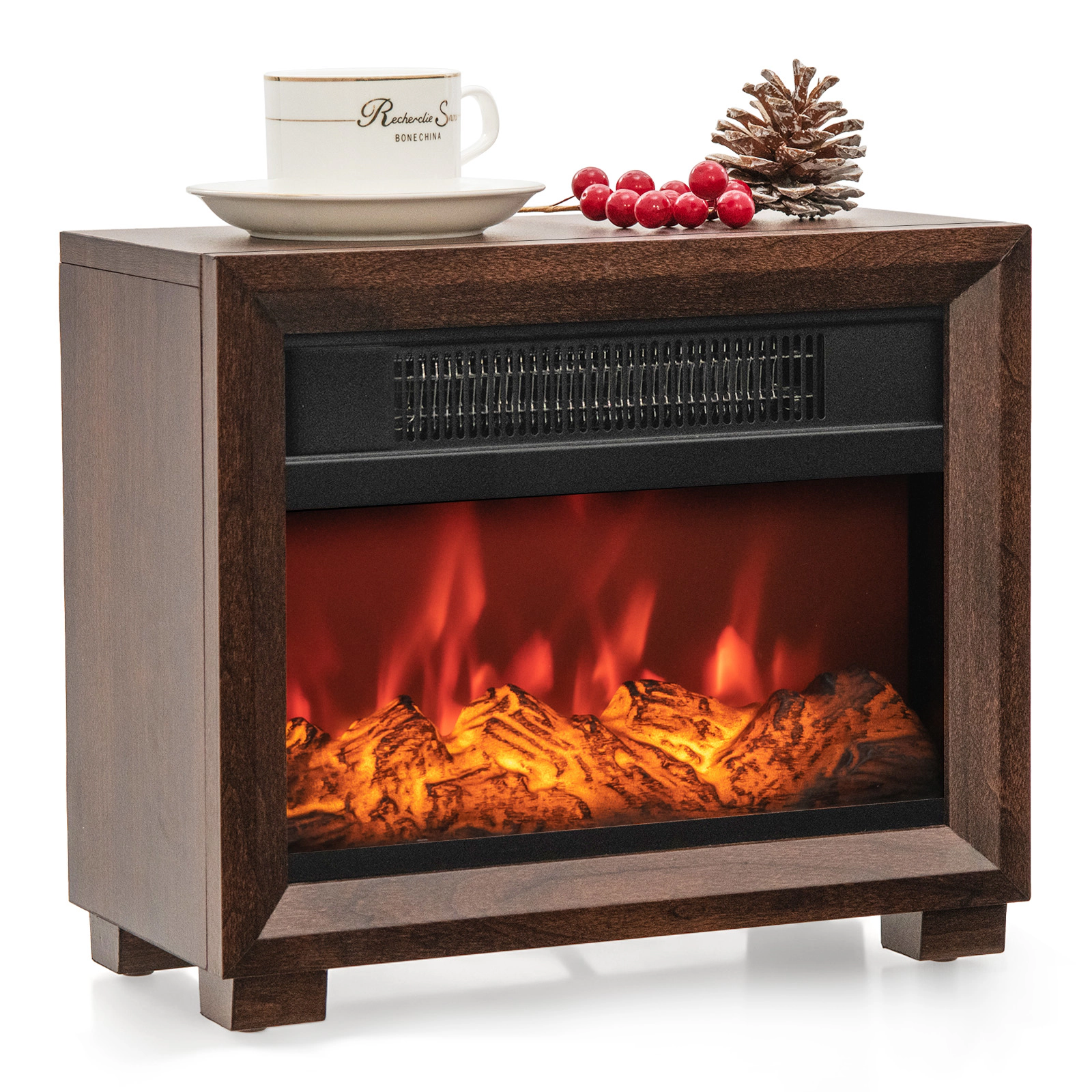 SUGIFT 13.1-in Mini Wooden Mantel Portable Tabletop Electric Fireplace 13.1-in x 6.7-in x 11.4-in 750W Brown