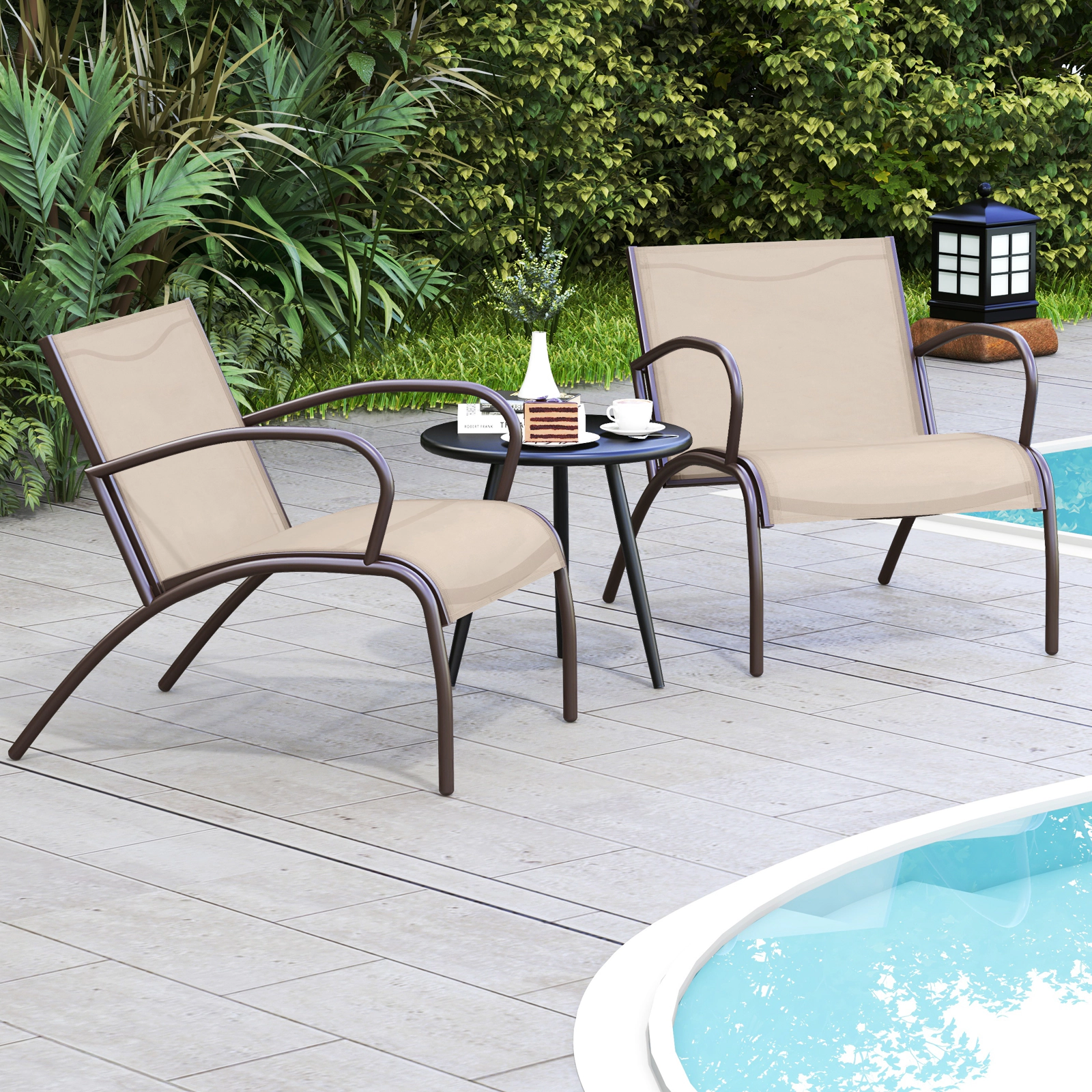 SUGIFT 3 Piece Patio Aluminum Wide Armchair and Coffee Table Conversation Set 400-lb Chair Capacity Black Light Brown