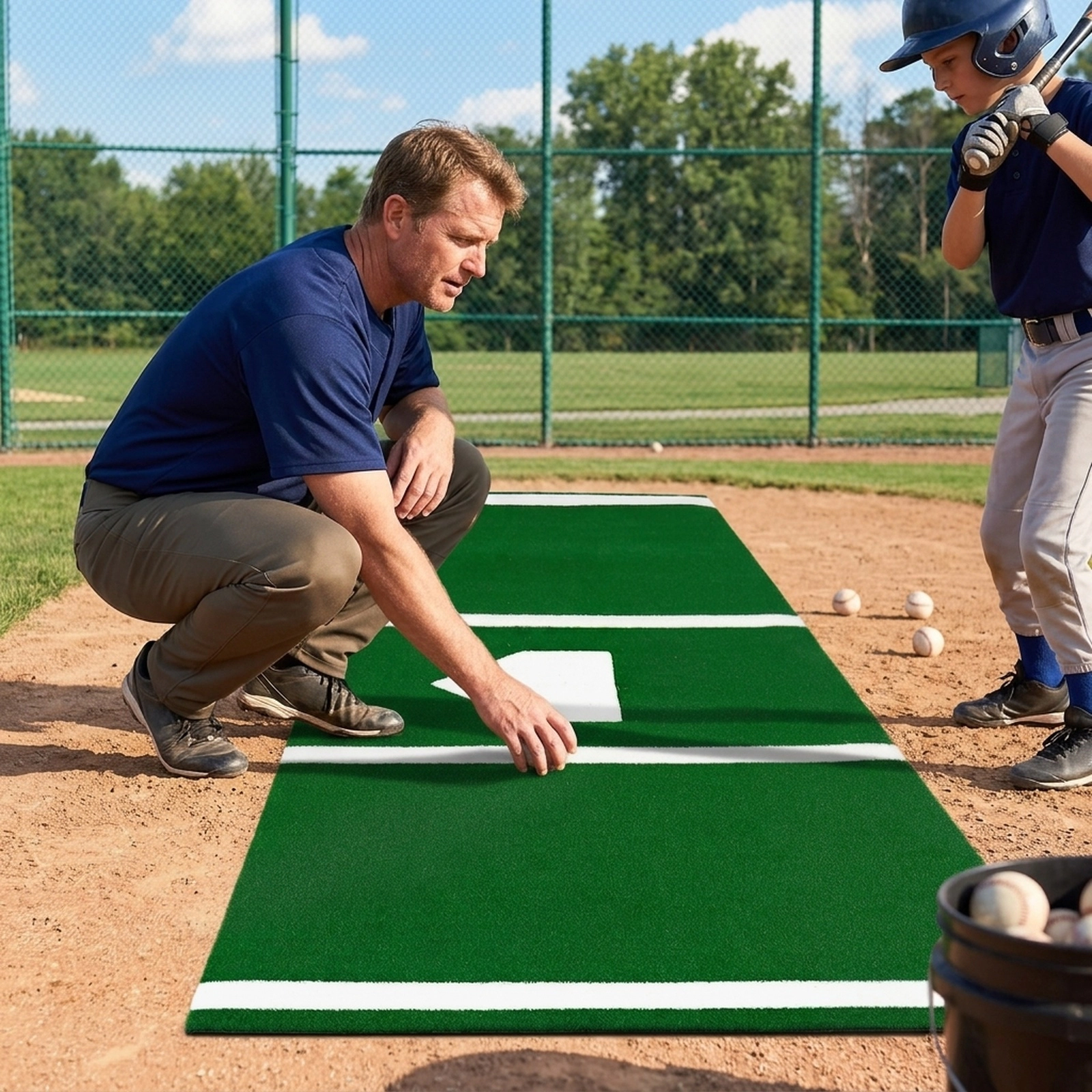 10-ft x 3.8-ft Baseball and Softball Hitting Mat Home Plate Markings Dual-Sided Batters Box Carry Strap Green Turf