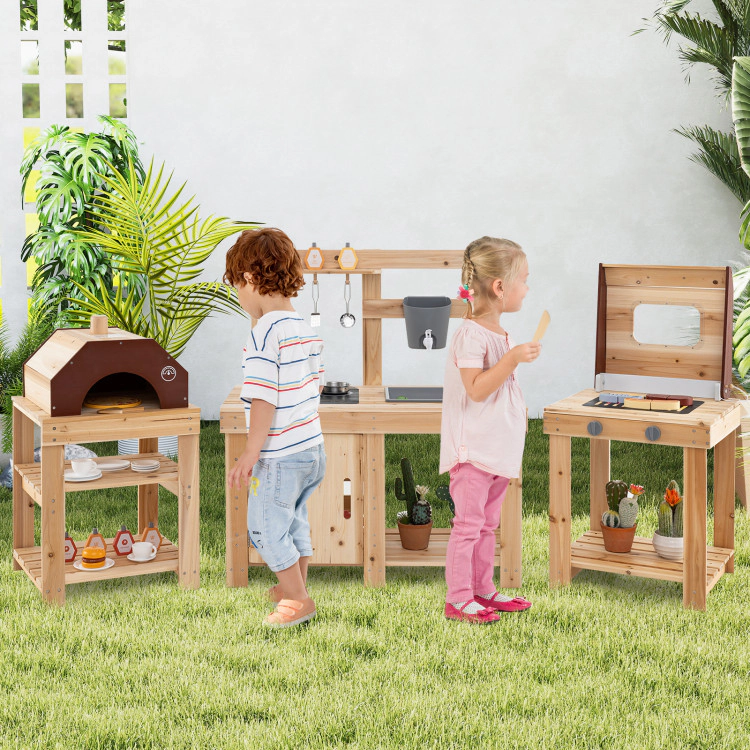 Hivvago 3-Piece Outdoor Kitchen Set Mud Kitchen With Separate Bbq Grill And Pizza Oven-Natural