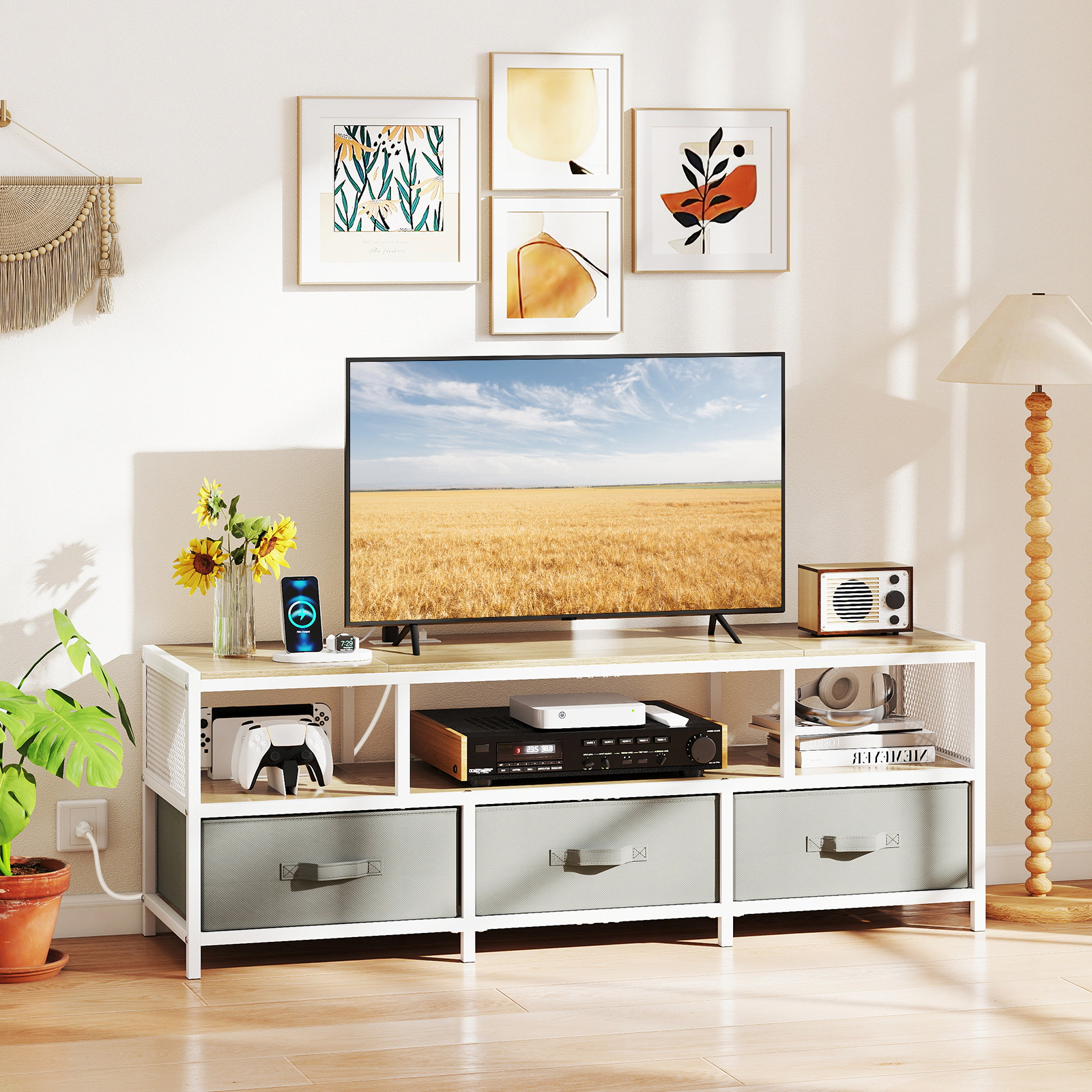Glintex 55-Inch TV Stand with Fabric Drawers and Built-In Charging Station