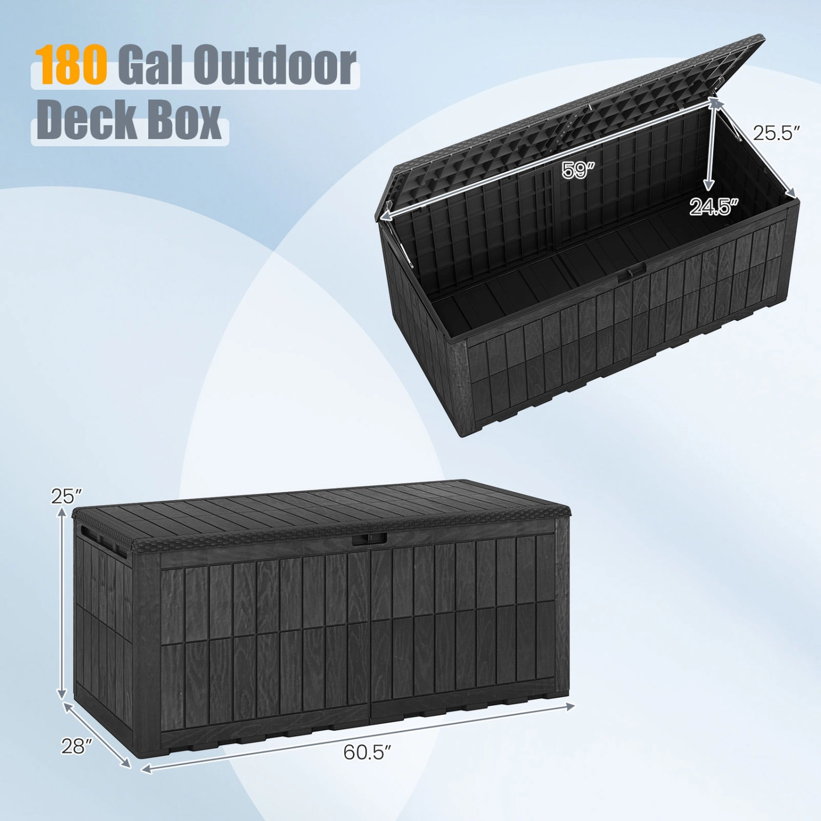 SUGIFT 180 Gal Outdoor Deck Box All-Weather Lockable Storage Bin with Lid and Handles 620-lb Seating Capacity Black