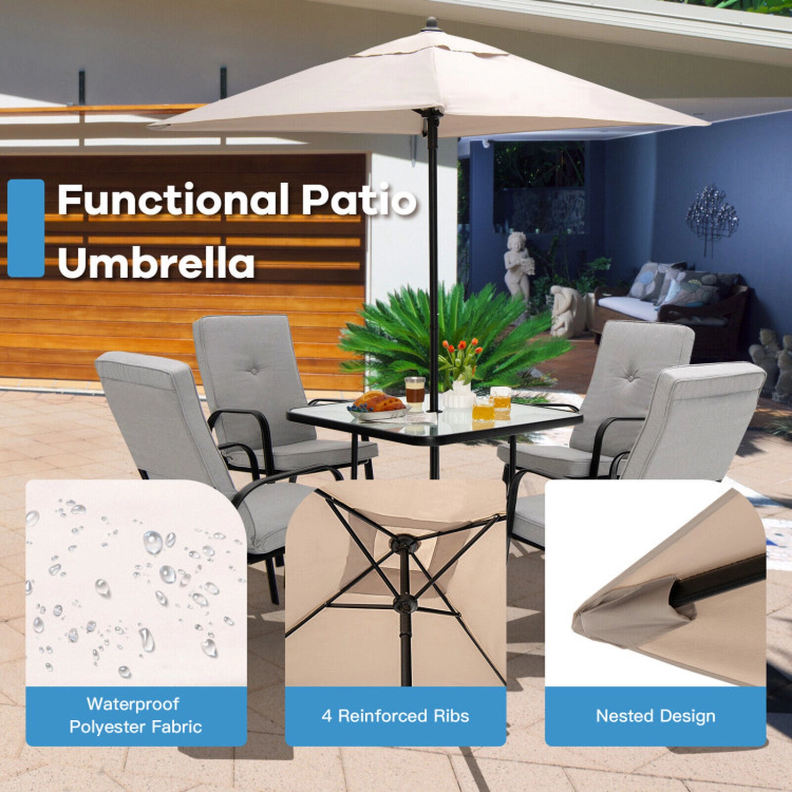 SUGIFT Sun-Resistant Square Patio Market Table Umbrella Shelter with 4 Sturdy Ribs 7.2-ft Tall Beige