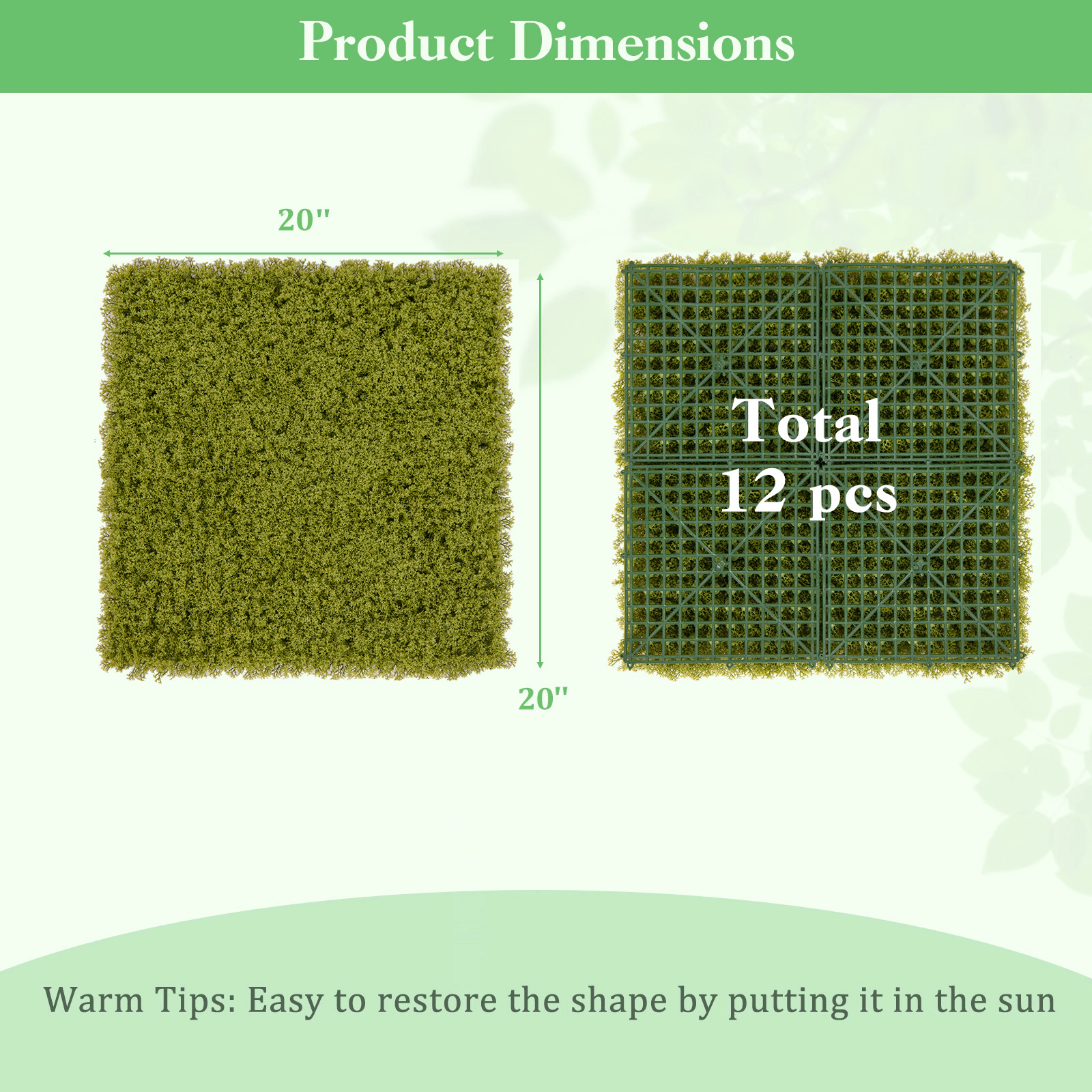 SUGIFT 12-Piece Artificial Grass Wall Panels 20 x 20-in PE Garden Trellis for Yard Balcony Light/Dark Green
