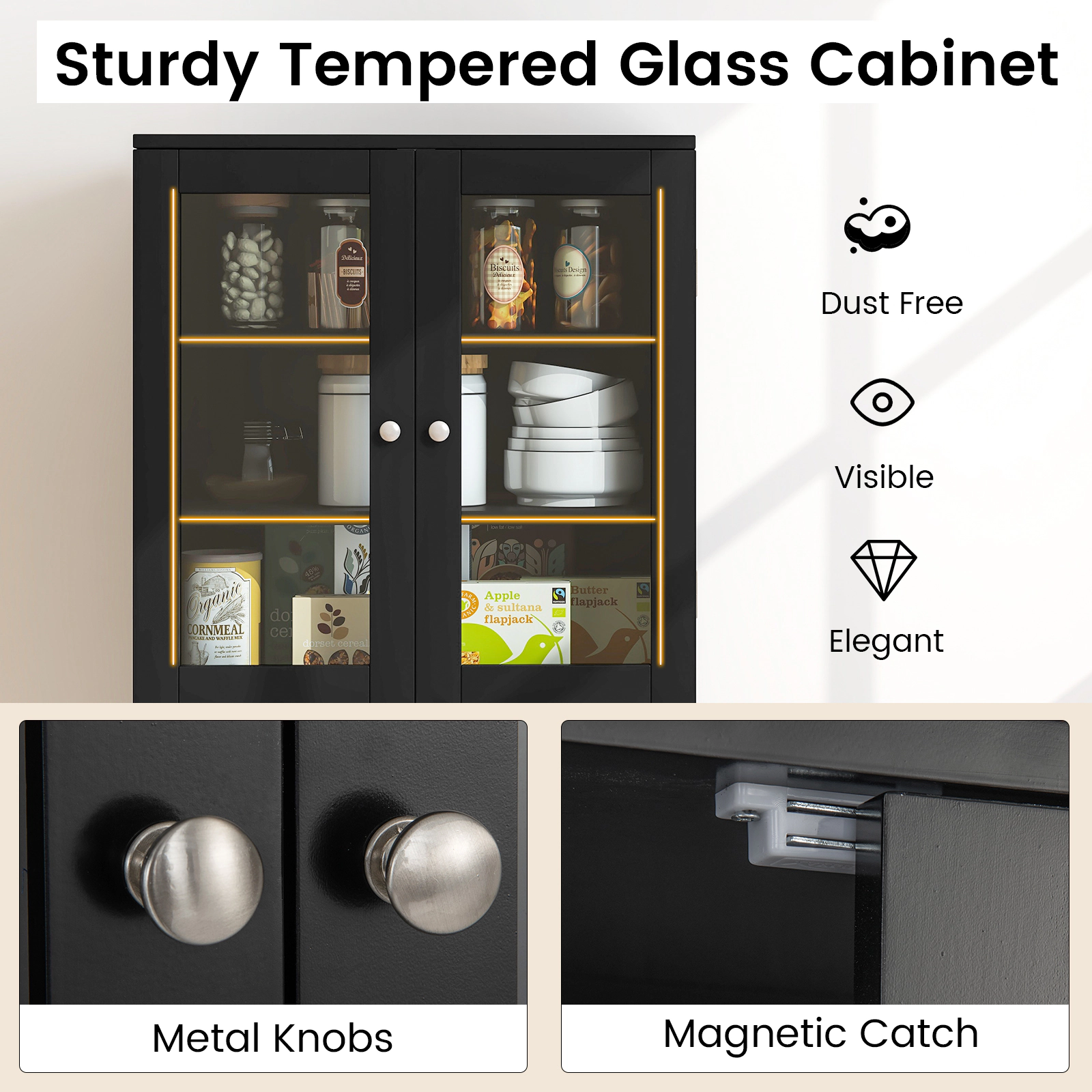 Glintex 63.5-Inch Pantry Cabinet with Tempered Glass Doors and 4 Door Racks, Black