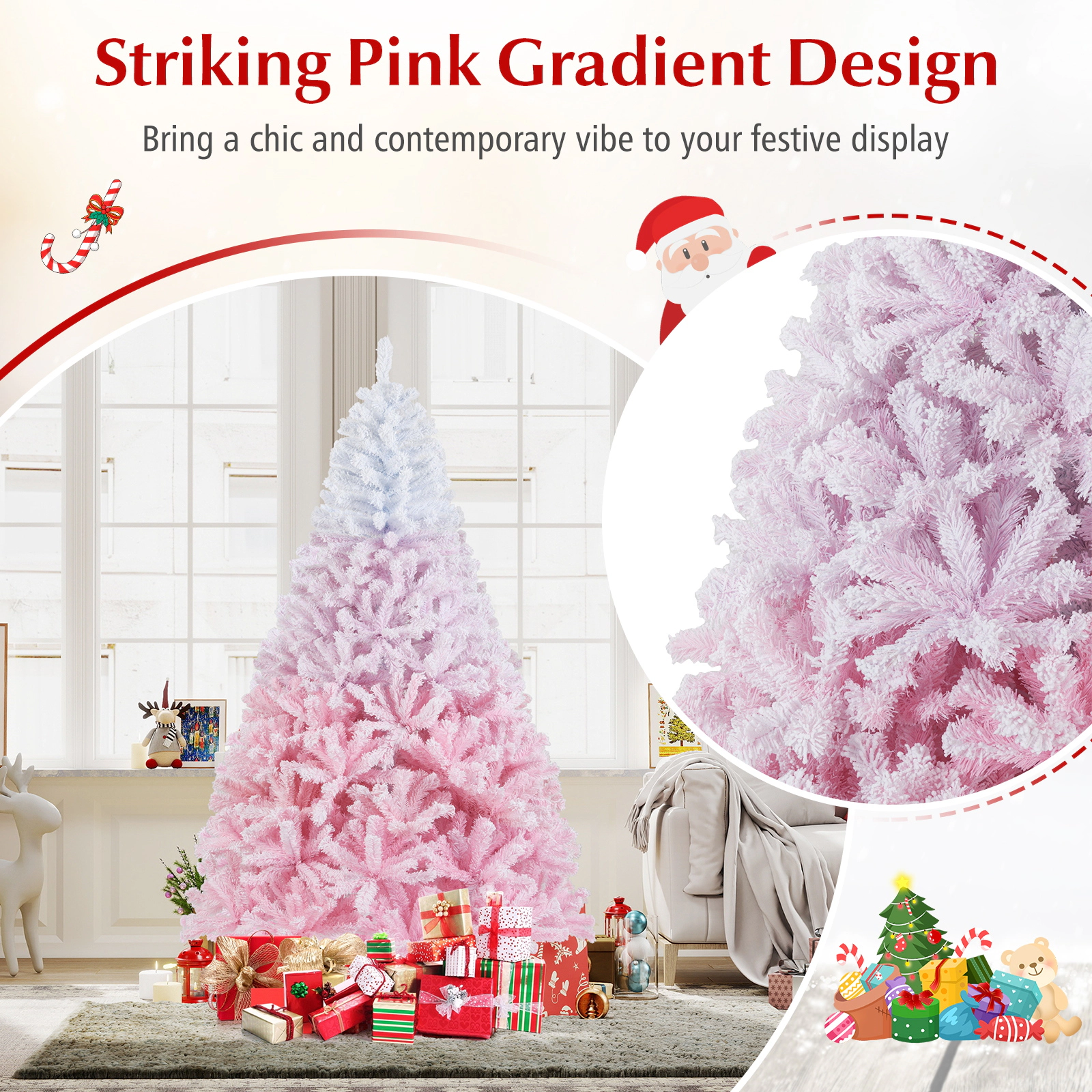 SUGIFT 7-ft Snow Flocked Artificial Christmas Tree White to Pink Gradient with 1264 Tips and Folding Stand