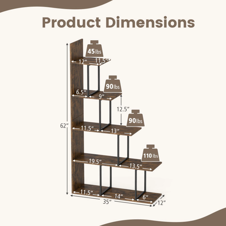 Hivvago 5-Tier 62 Inch Tall Stepped Bookshelf with Heavy Duty Metal Frame