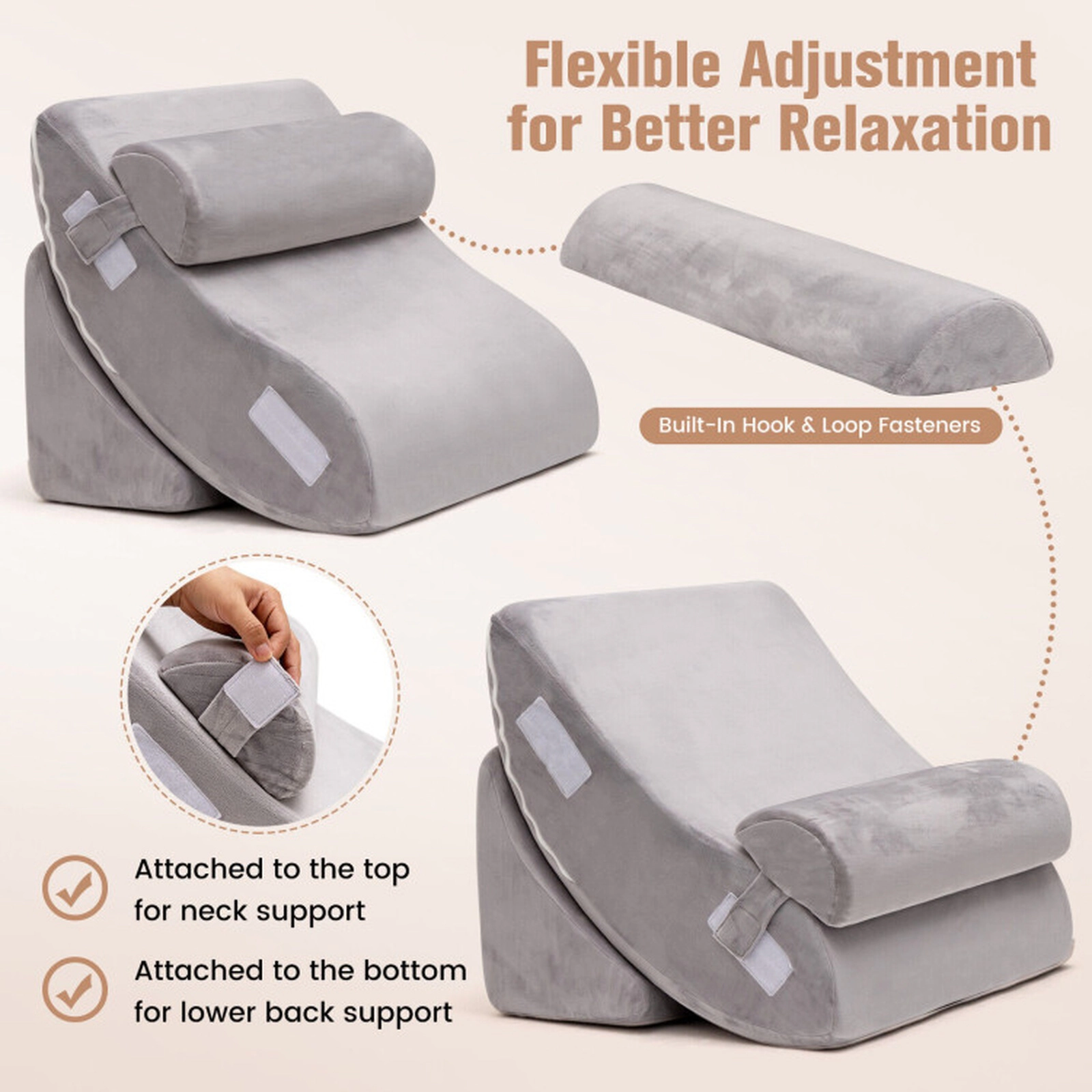 SUGIFT 4-Piece Memory Foam Bed Wedge Pillow Set Back Neck Leg Relief 24-in Wedge 27-in Backrest 23.5-in Headrest Gray