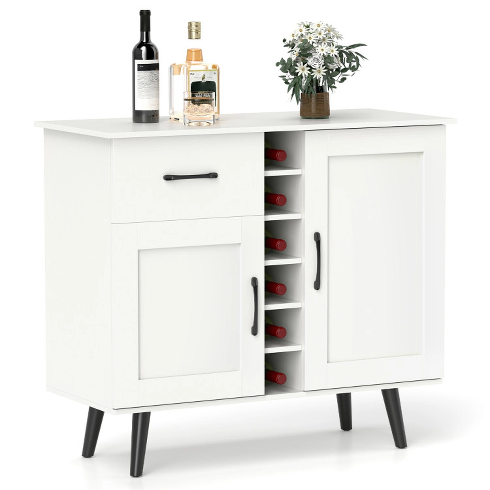 SUGIFT 6-Bottle Rack 2 Door Cabinets Metal Legs Buffet Wine Cabinet 35.5-in x 16-in x 31-in 125-lb Capacity White