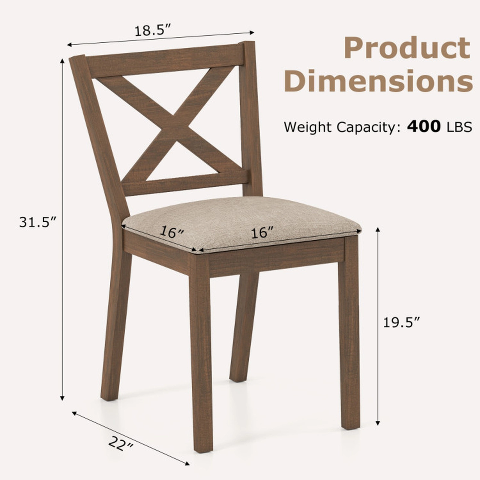 SUGIFT Set of 2 Oak-Finish Wood Dining Chairs with X-Back Linen Seats