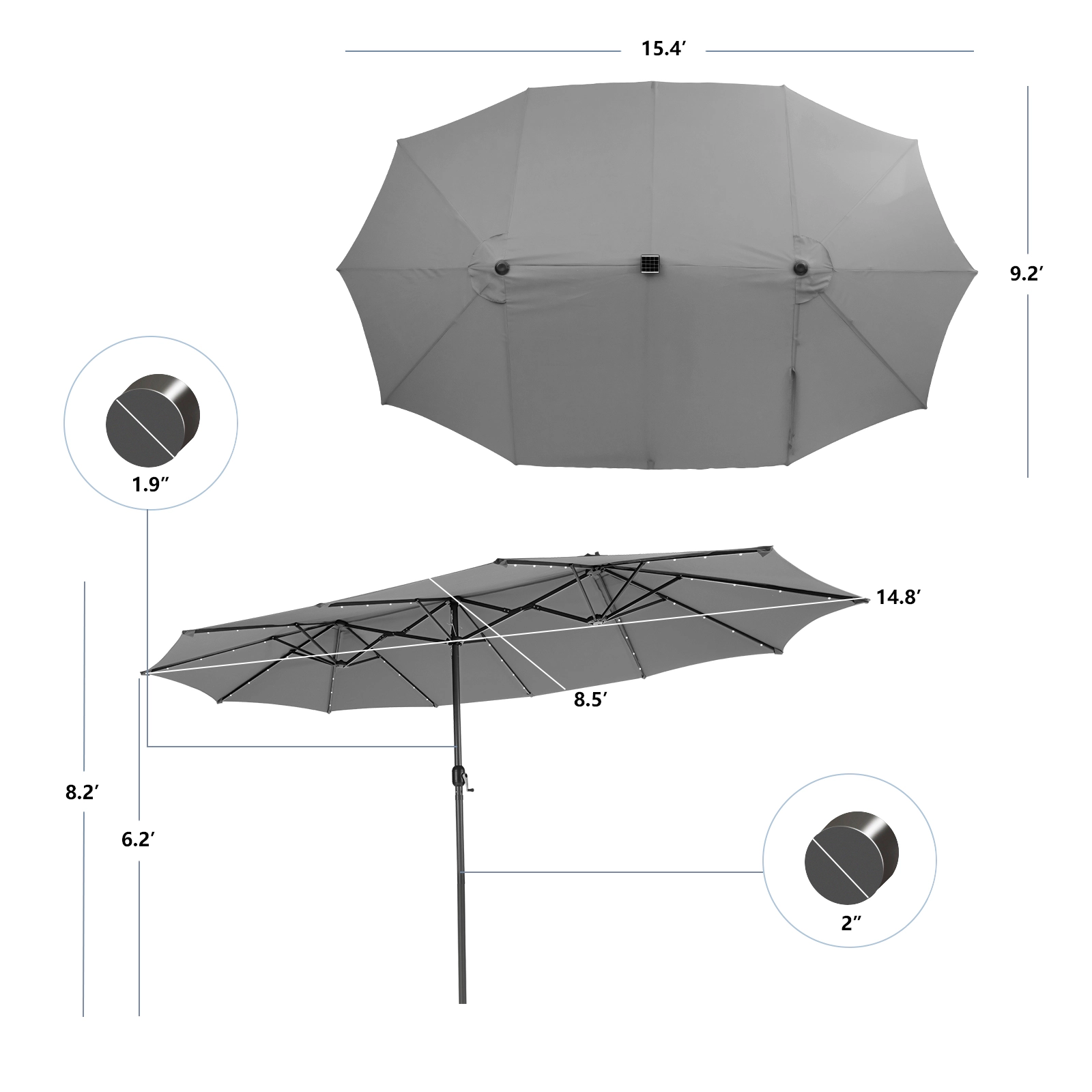 SUGIFT 15-ft Gray Rectangular Double-Sided Patio Umbrella with 48 Solar LED Lights