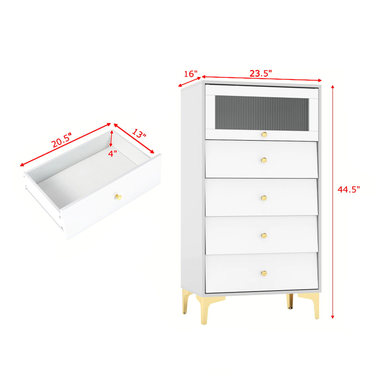 Hivvago Modern 4-Drawer Cabinet with Flip-Up Ribbed Glass Door