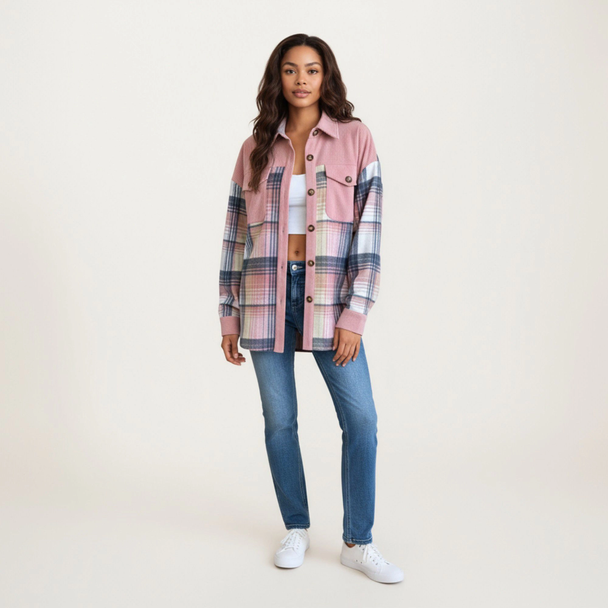 Anna-Kaci Women's Plaid Button Front Shirt Jacket with Soft Corduroy Contrast Long Sleeves Chest Pocket Detail