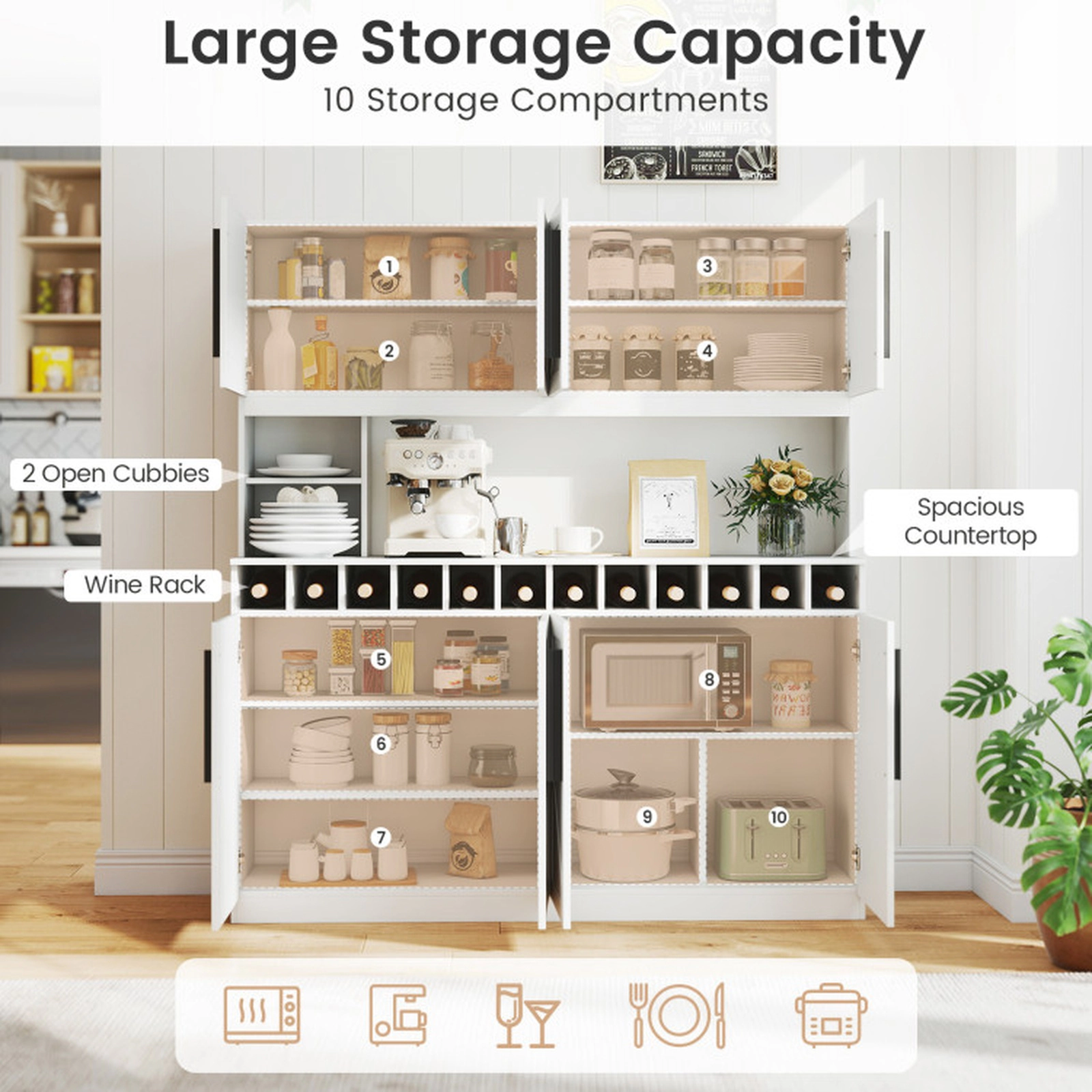 SUGIFT 70-in Farmhouse 4 Cabinets 2 Cubbies 12 Wine Slots Kitchen Pantry Cabinet 63-in x 16-in 330-lb Capacity White