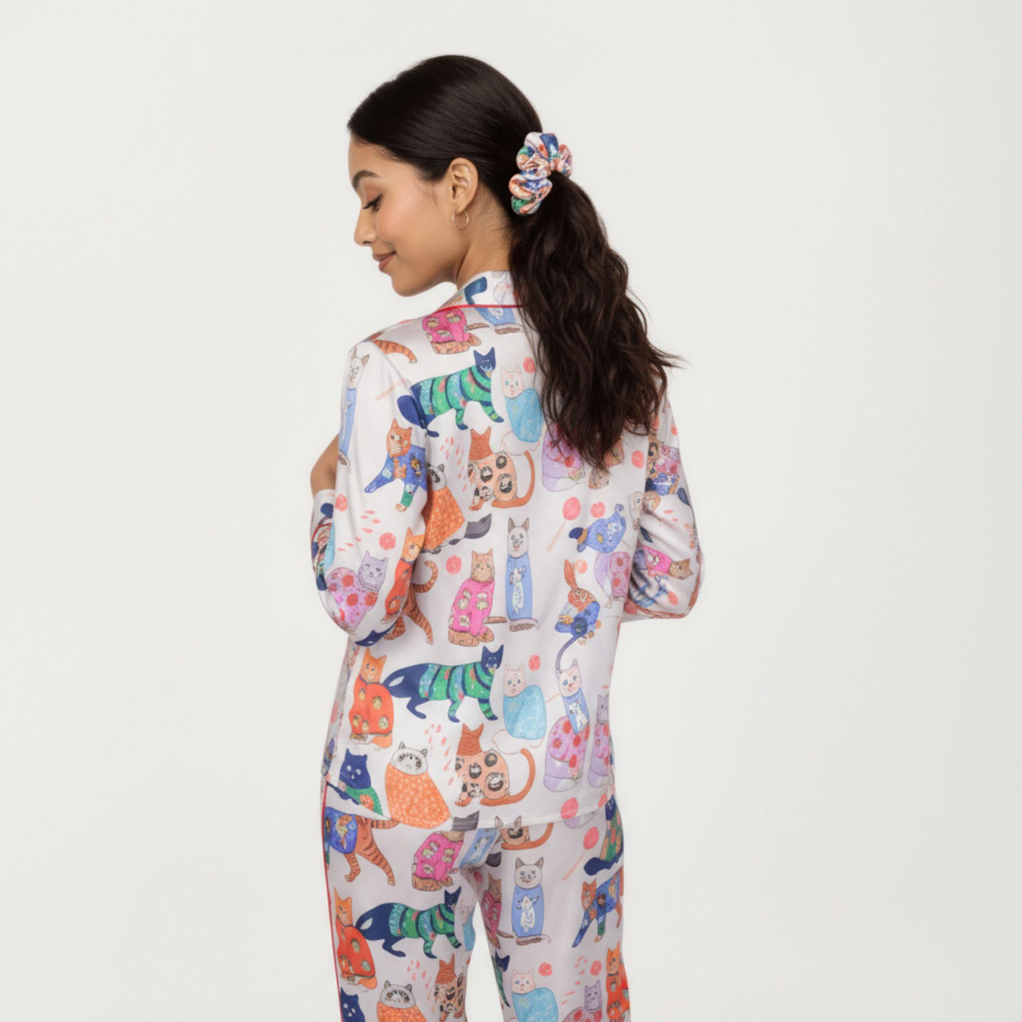 Anna-Kaci Women's 2-Piece Long Sleeve Button Front Pajama Set with Cat Print and Soft Silky Fabric